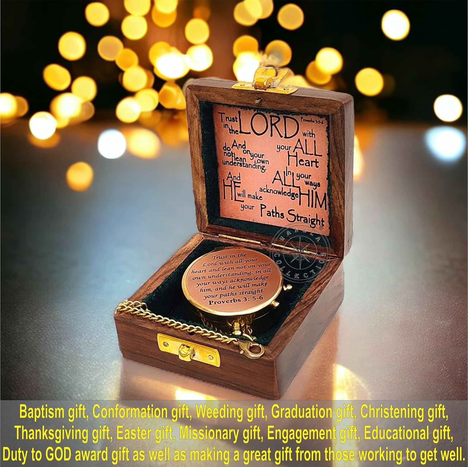 Trust in The Lord with All Your Heart - Proverbs 3: 5-6 Quote Engraved Compass with Wooden Box, Greeting Card, Gift Compass, Religious Gifts, Graduation Day Gifts 2025 for Women Men Boys Girls