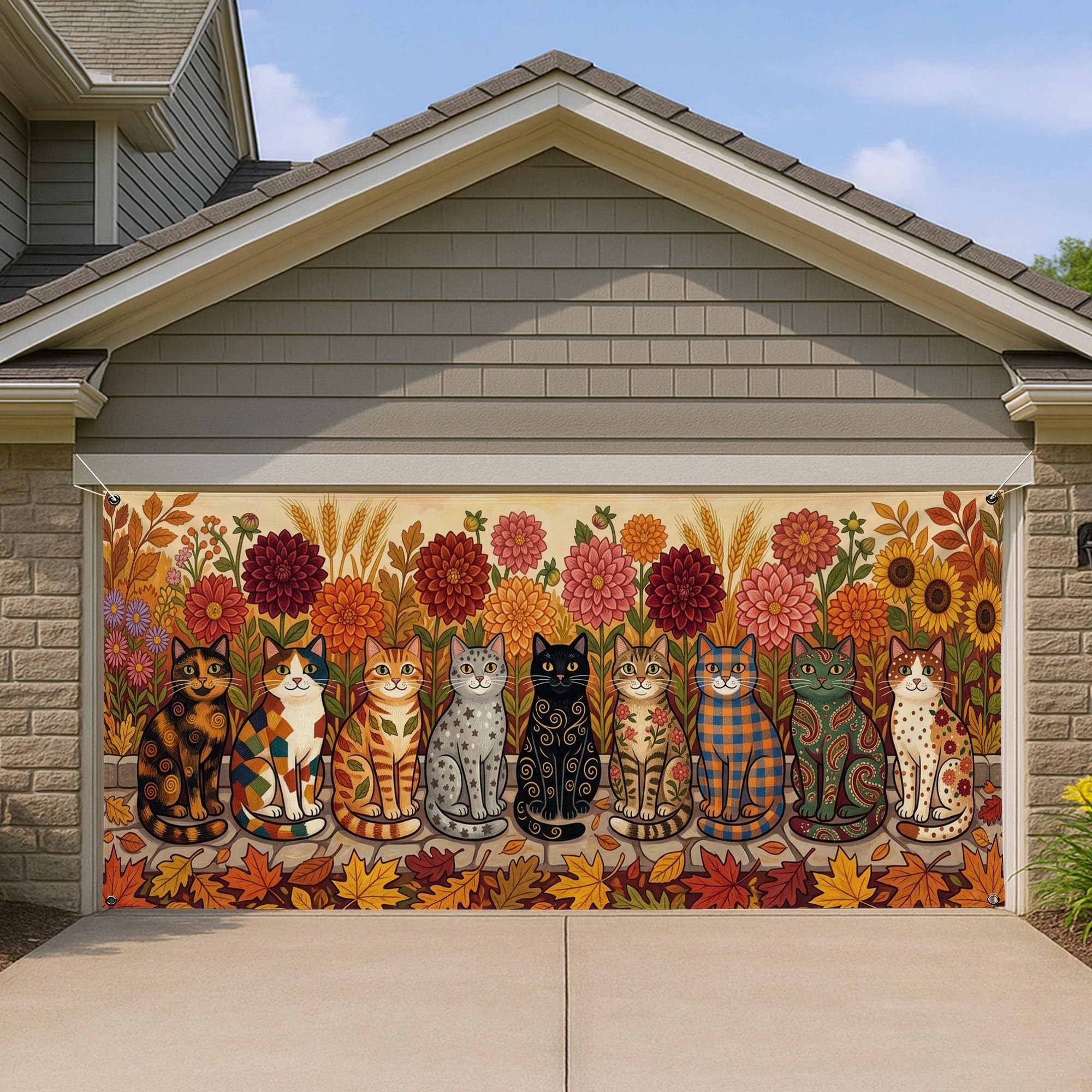 Décoration porte de garage automne chat coloré grand format rideau halloween 397x180