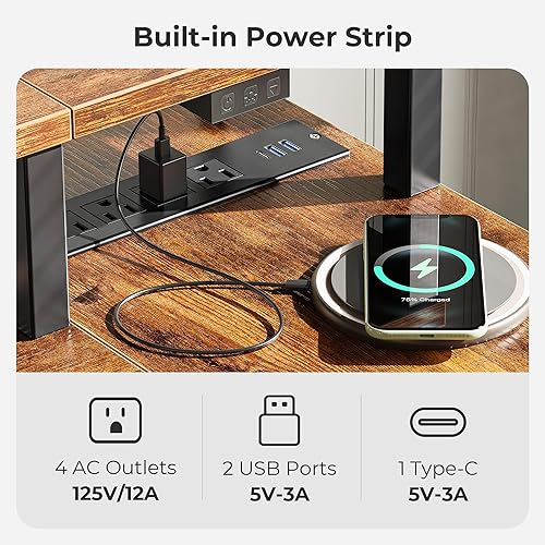 Miniatura 4 de SUPERJARE Escritorio reversible en forma de L de 53 pulgadas con luces LED y tomas de corriente, escritorio para computadora con estantes y soporte