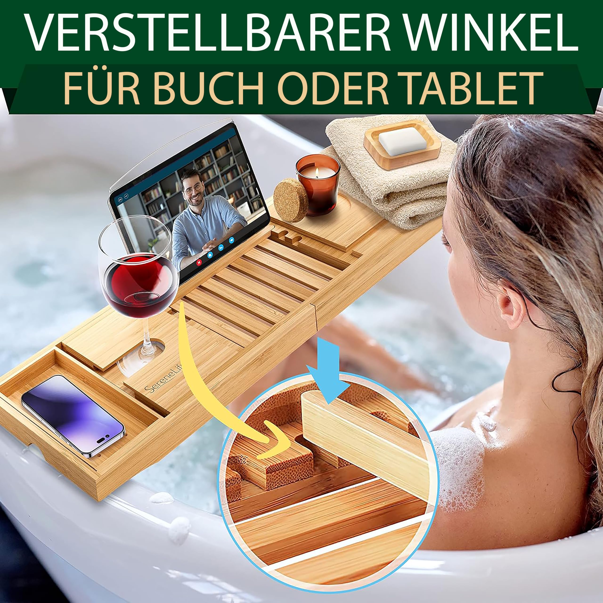 SereneLife Badewannenablage Bambus Natur, ausziehbar mit Weinglashalter | Badewannenbrett Holz, 70–104 cm verstellbar, Tablethalter, Seifenablage, schimmelresistent, Geschenkbox