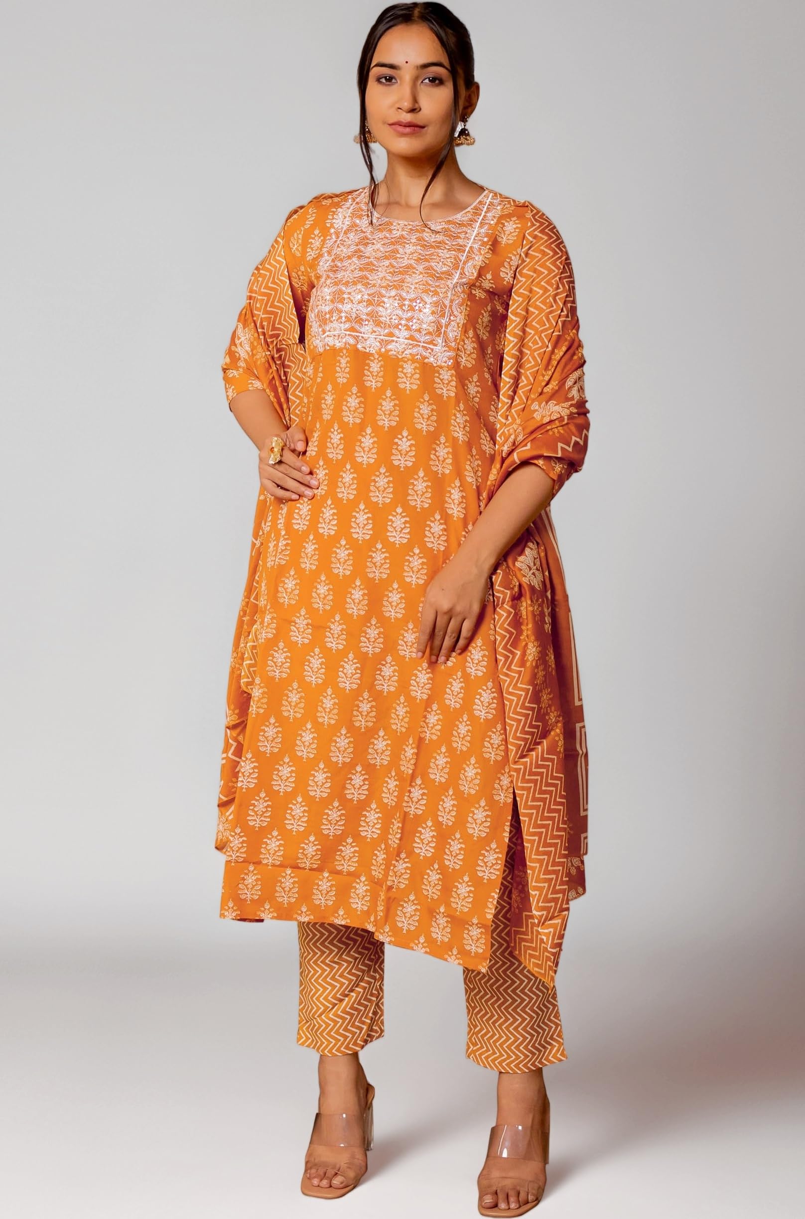 MIRCHI FASHION Women's Designer Straight Fit Cotton Printed and Embellished Kurta Set with Trouser Pant and Dupatta