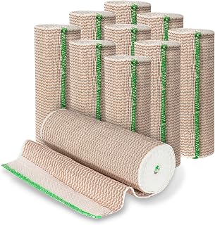 Elastic Bandage Wrap with Self-Closure [Pack of 10] 6 Inch Comfort Athletic Compression Roll, 5 Yards Stretched for Customized Compression on Knee, Ankle, Wrist + Vakly First Aid Kit Guide (6''X10)