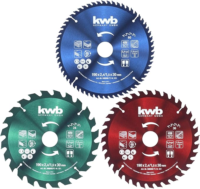 kwb 190mm Circular Saw Blade Set 30/20/16mm Arbor, for Wood and Building Materials, with