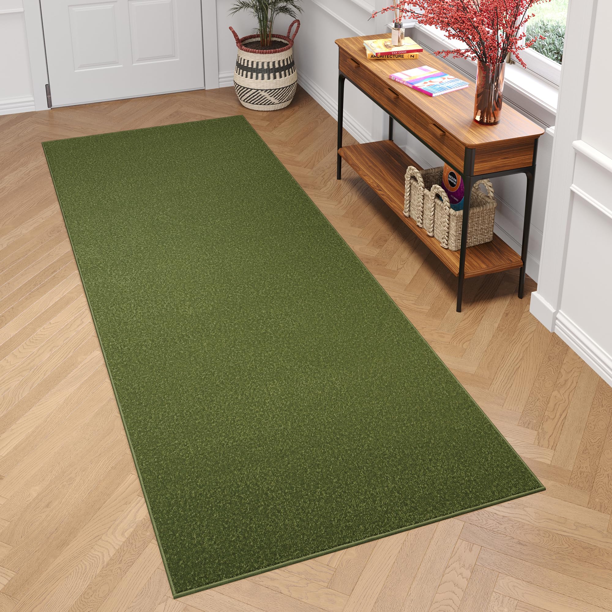TAPISO Mono Tapis Couloir Long Tapis au Mètre Tapis de Passage Poils Ras Tapis Entrée Cuisine Évier Salon Chambre Moderne Vert Uni Résistant Extérieur Oeko-TEX 70 x 100 cm