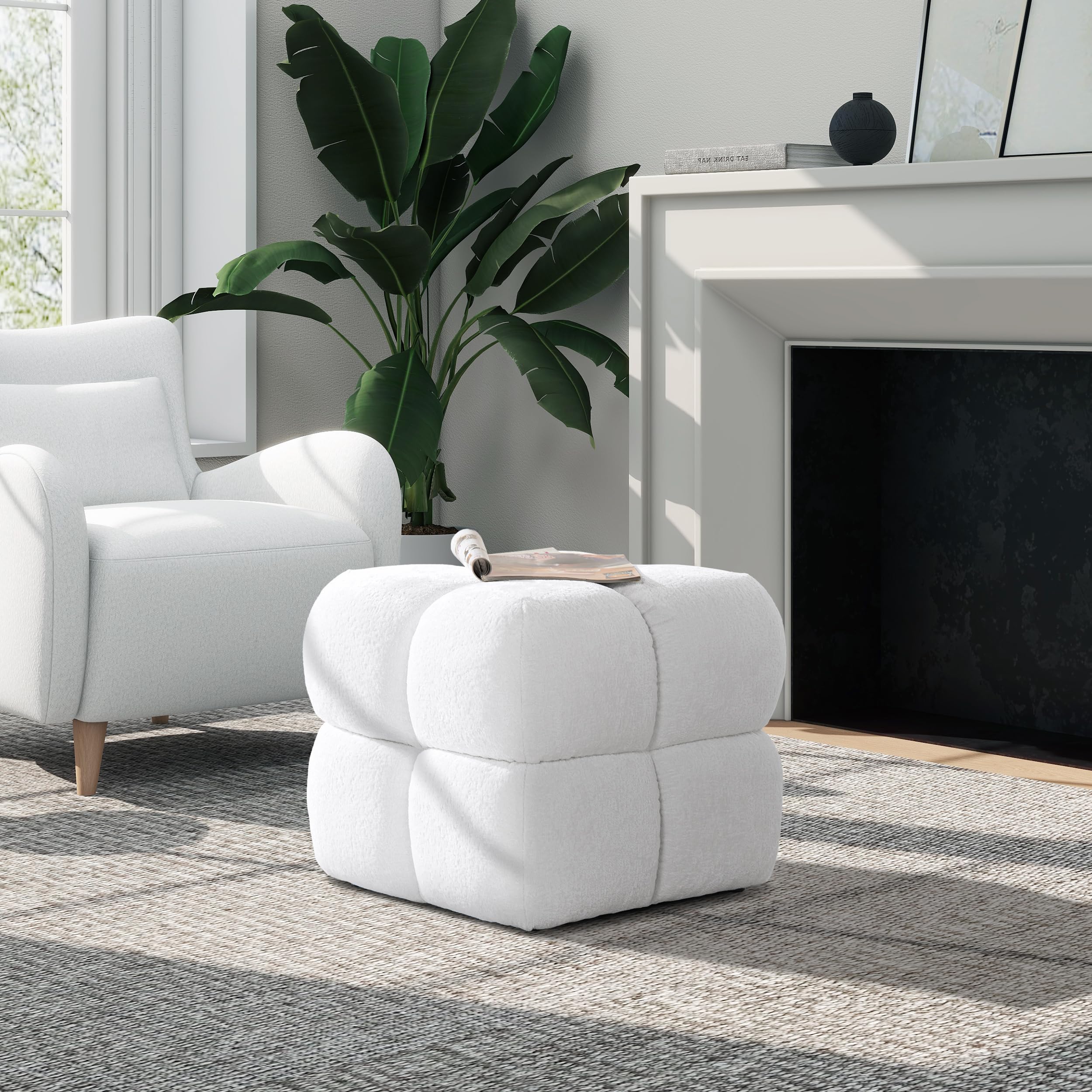 TREATLIFE HOME Seating Solution with Oversized Square Pouf Ottoman, Soft Chenille Upholstery for Living Room or Bedroom, White