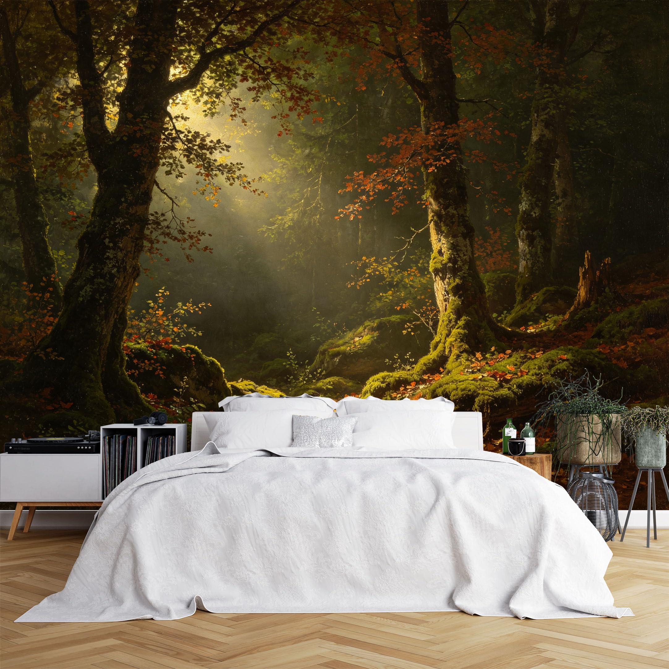 Custom Size Wall Murals Sunlit Autumn Forest with Mossy Trees and Soft Light, Vivid Self-Adhesive Wall Fabric (NO PVC) Removable Wallpaper for Living Room, Bedroom