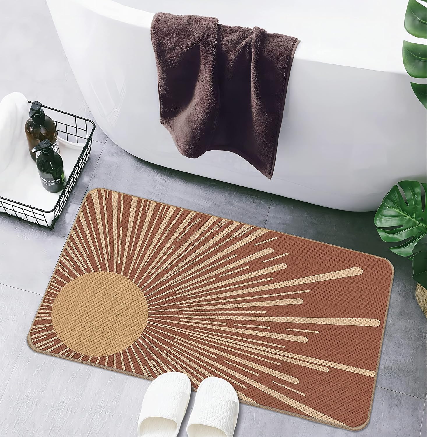Retro Boho Terracotta Sunrise Sunset Sunshine Sunray Doormat, 17"X30", Brown, Non-Slip, Indoor/Outdoor