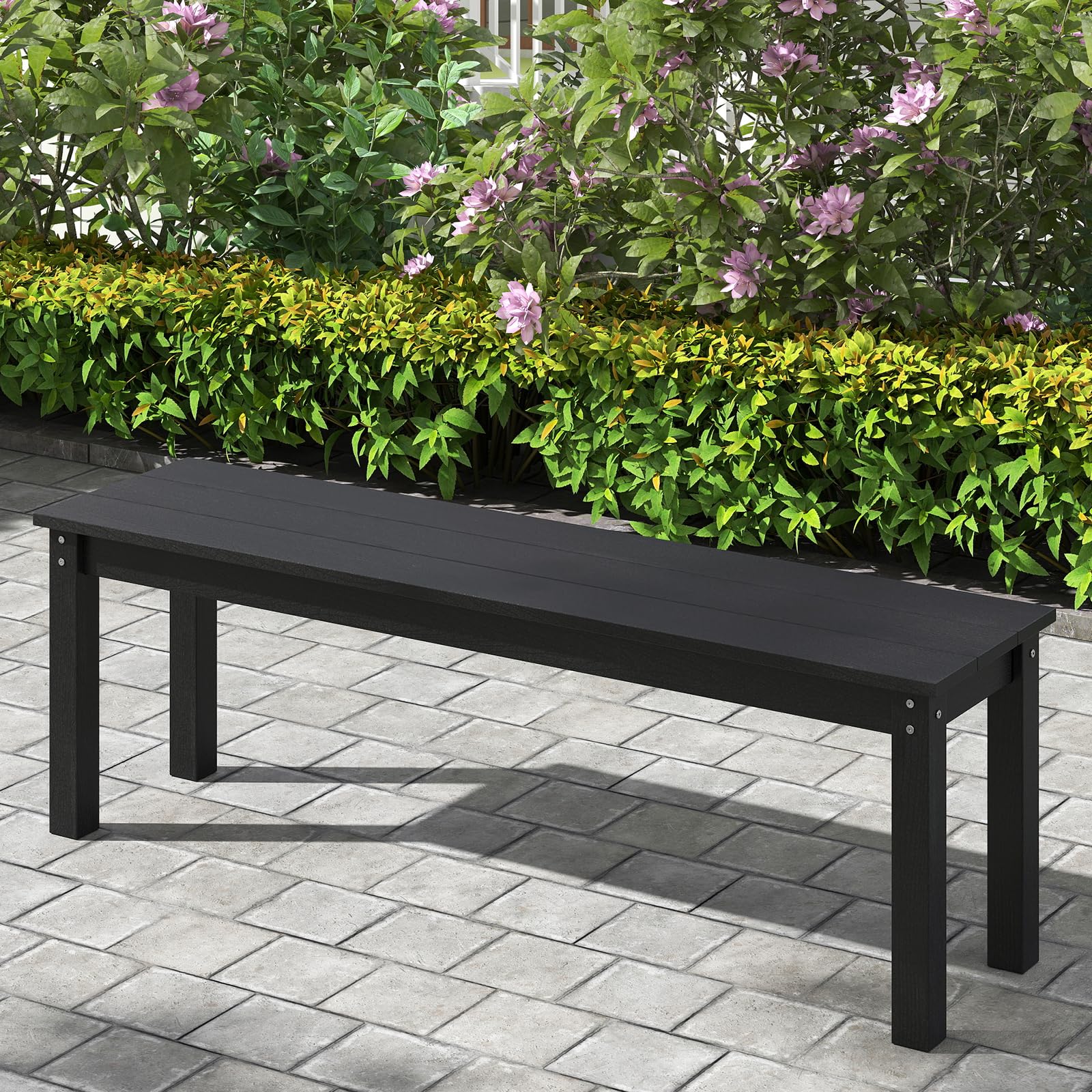 KOMFOTTEU Banc de Jardin en HDPE, Banc de Parc pour 2-3 Personnes, Charge de 340 kg, Bancs d'Extérieur, Conception en Lamelles, 140 x 35 x 45 cm, Surface Effet Bois, pour Terrasse, Cour (Noir)