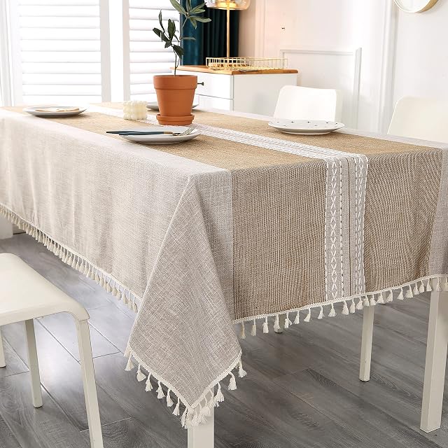 SUCHDECO Linen Tablecloth Cotton Table Cloth Rectangular Wrinkle-Free Washable Dust-Proof Dining Table Cover Tassels Stripe Embroidery Kitchen Linen for Birthday, Party, Wedding (Khaki, 140x220 cm)