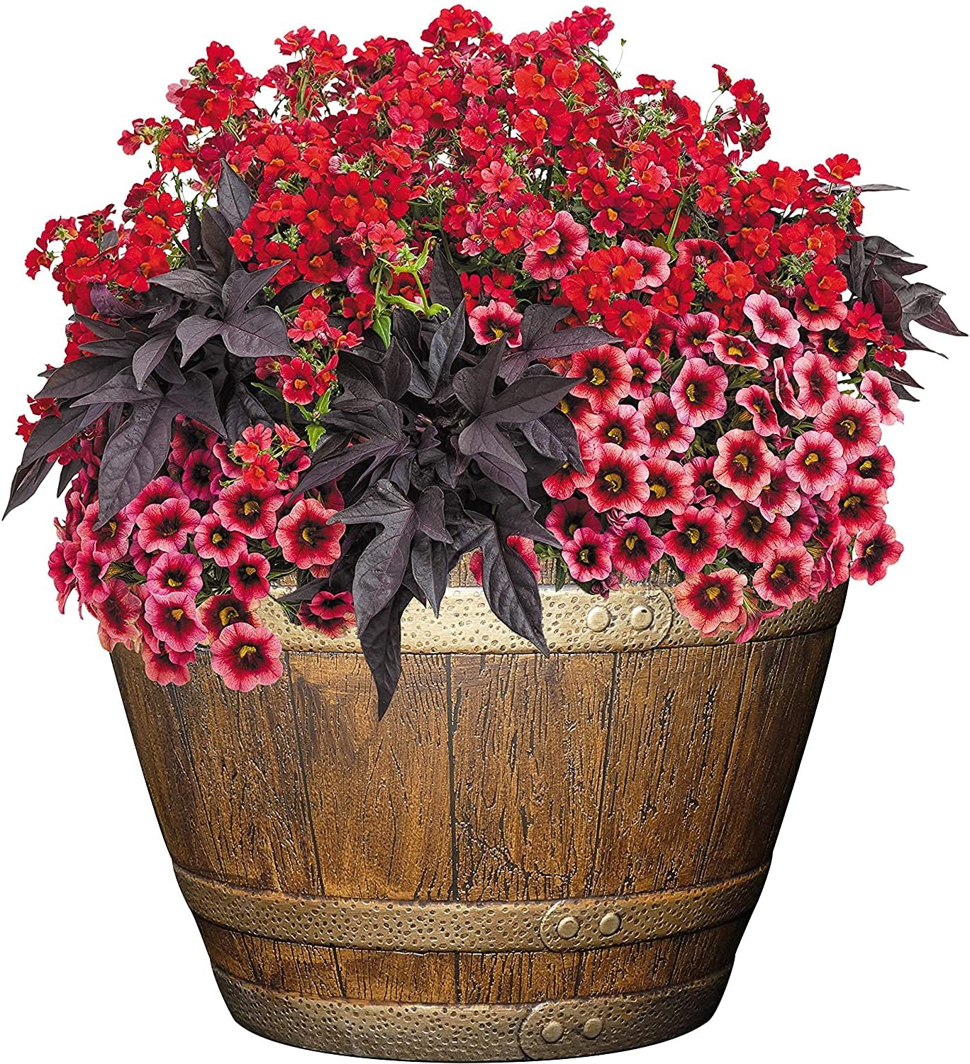 Classic Home & Garden Whiskey Barrel Planter – Resin Pot for Indoor/Outdoor Use, Distressed Oak Brown, 15" (Pack of 1)