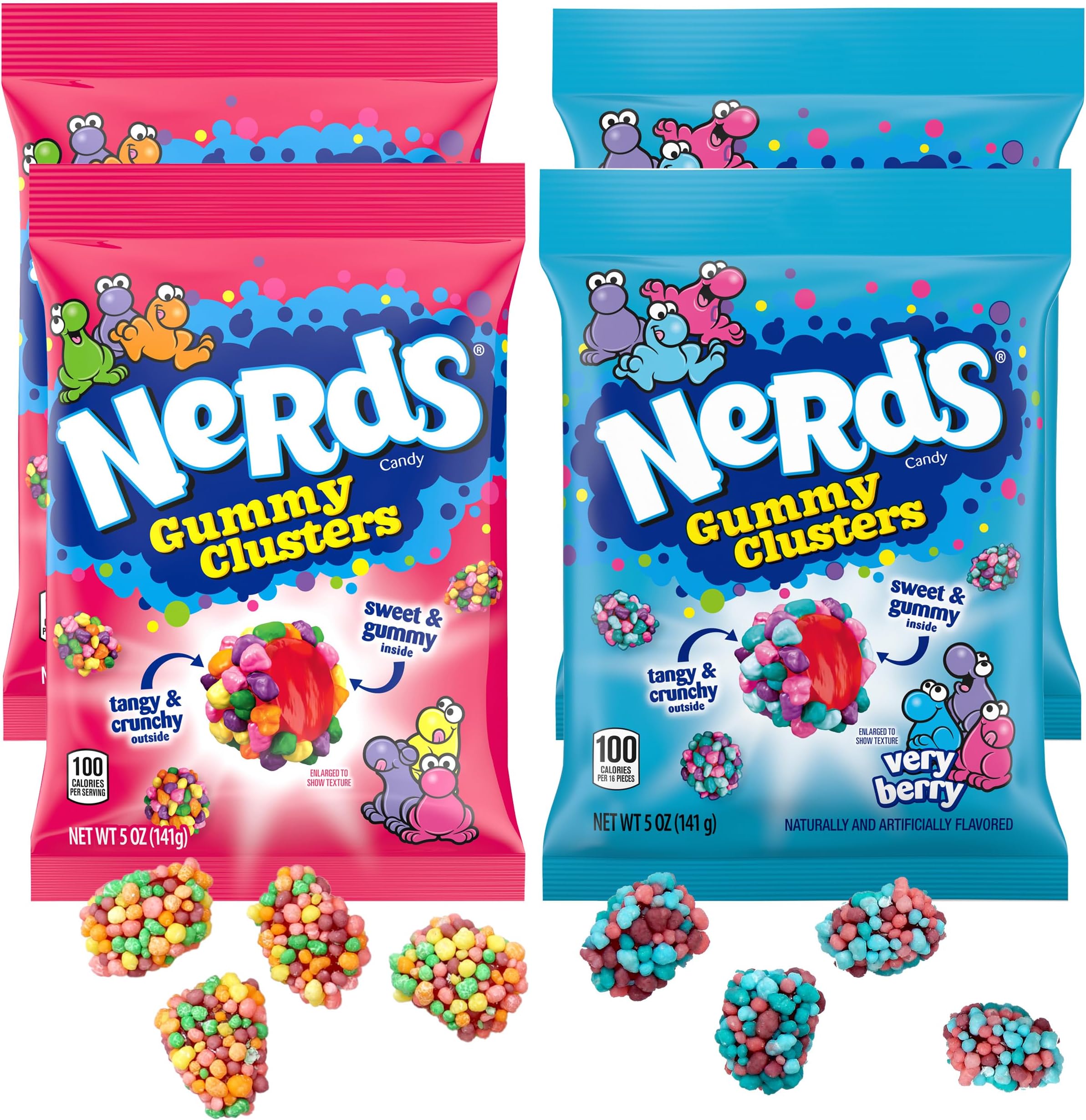NERDS Gummy Clusters Combo Pack, Rainbow & Very Berry, 5 Ounce Pouches (Pack of 4), 20oz Candy