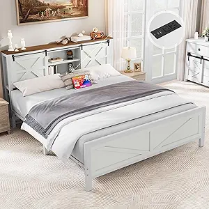 YITAHOME Farmhouse Queen Size Bed Frame with Headboard, Bookcase Storage Shelves, Sliding Barn Door, Charging Station, Rustic Wood Platform Bed, No Box Spring Needed, White