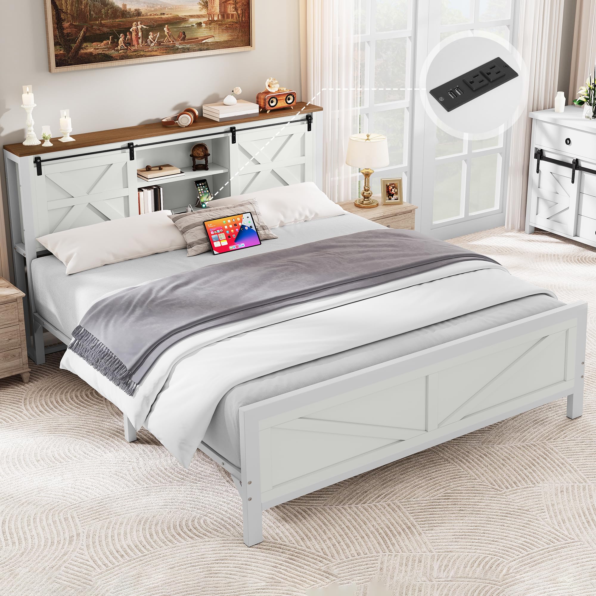 YITAHOME Farmhouse Queen Size Bed Frame with Headboard, Bookcase Shelves, Sliding Barn Door, Charging Station, Rustic Wood Platform Bed, No Box Spring Needed, White