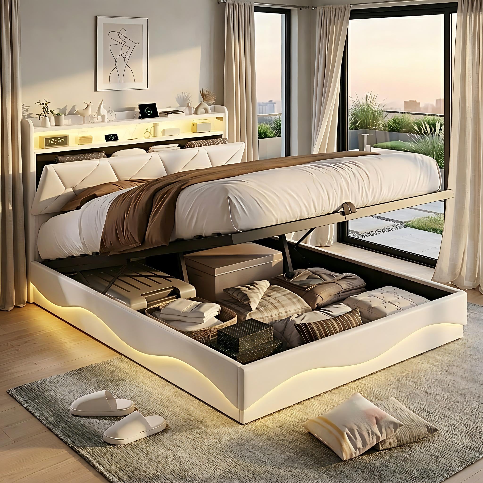 Bett mit Stauraum 160x200 mit LED-Beleuchtung und USB, gepolstertes Doppelbett mit Stauraumfach, Bettgestell mit Lattenrost und Kopfteil, Samt, Beige (Beige/6, 160x200)