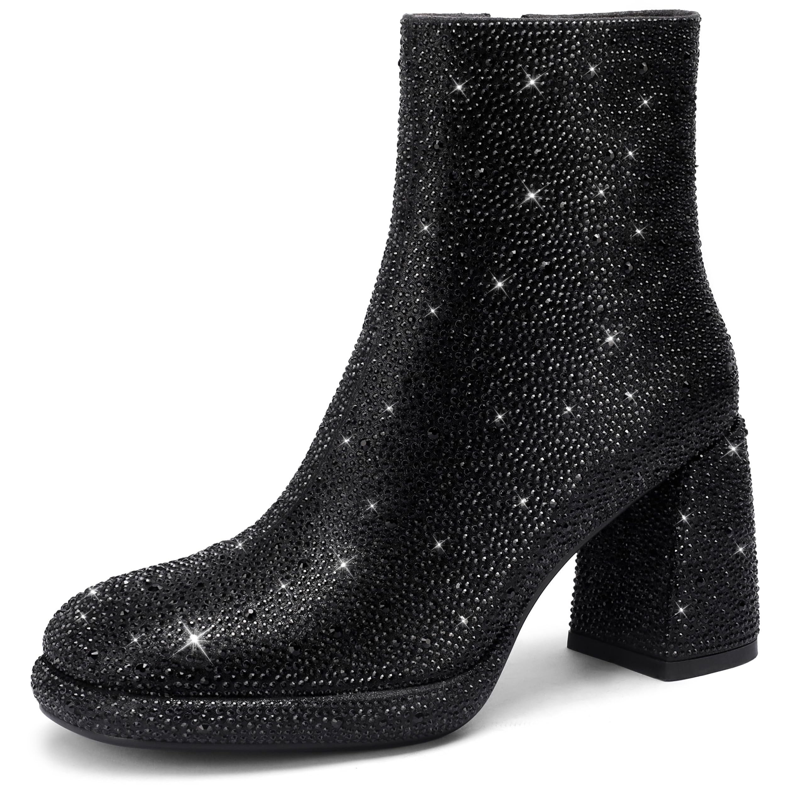 FINDVELL Rhinestone Boots For Women Chunky Block Heeled Sparkly Platform Ankle Booties Glitter Shoes Wedding Bride
