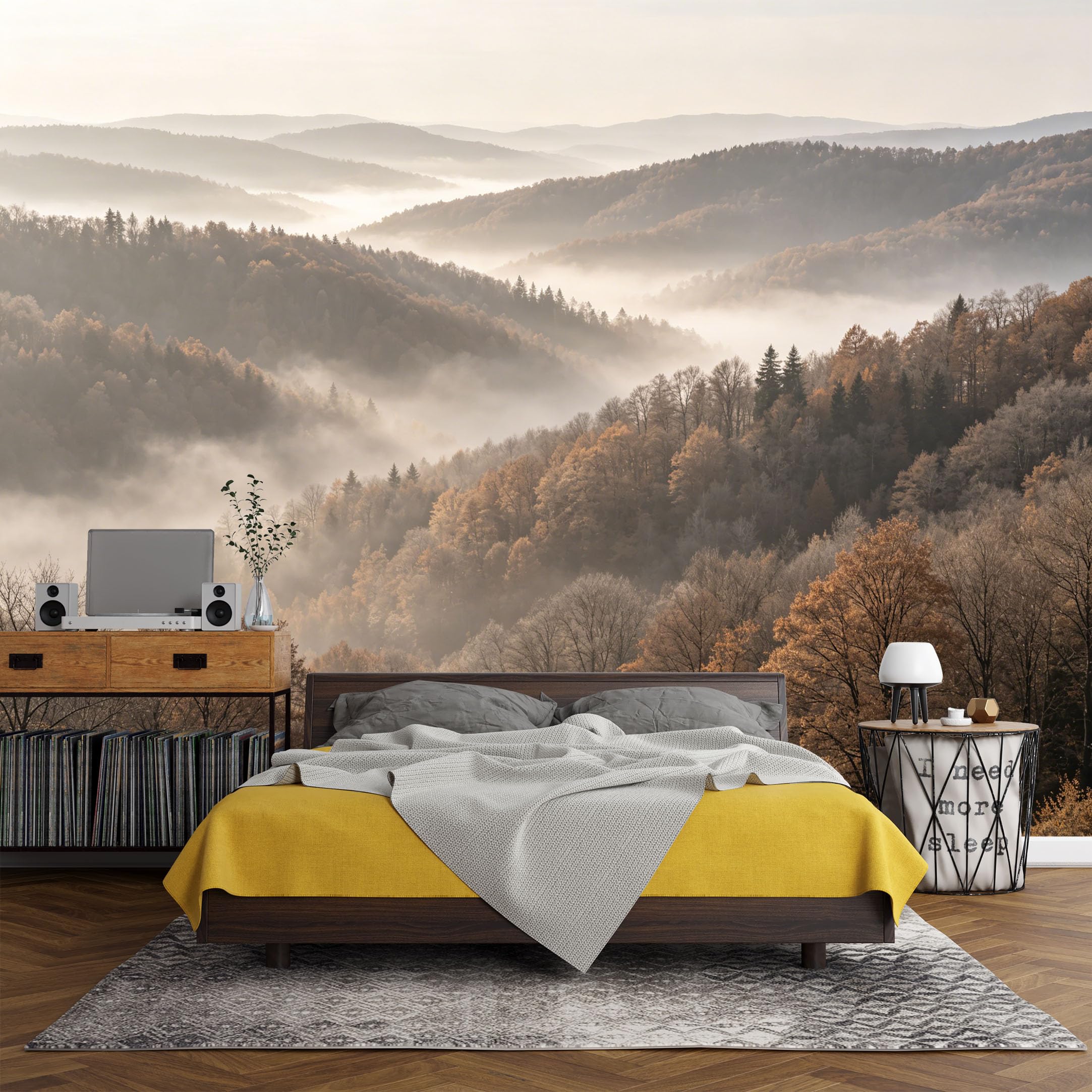 Custom Size Wall Mural Misty Mountain Landscape Forest Foggy Morning Nature Scenery SelfAdhesive Art Prints wall Fabric（No PVC） Removable Wallpaper Living Room Decor