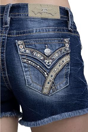 Miss Me Women's Brocade Cross Stitch Faux Flap Pockets Mid-Rise Frayed Jean Shorts