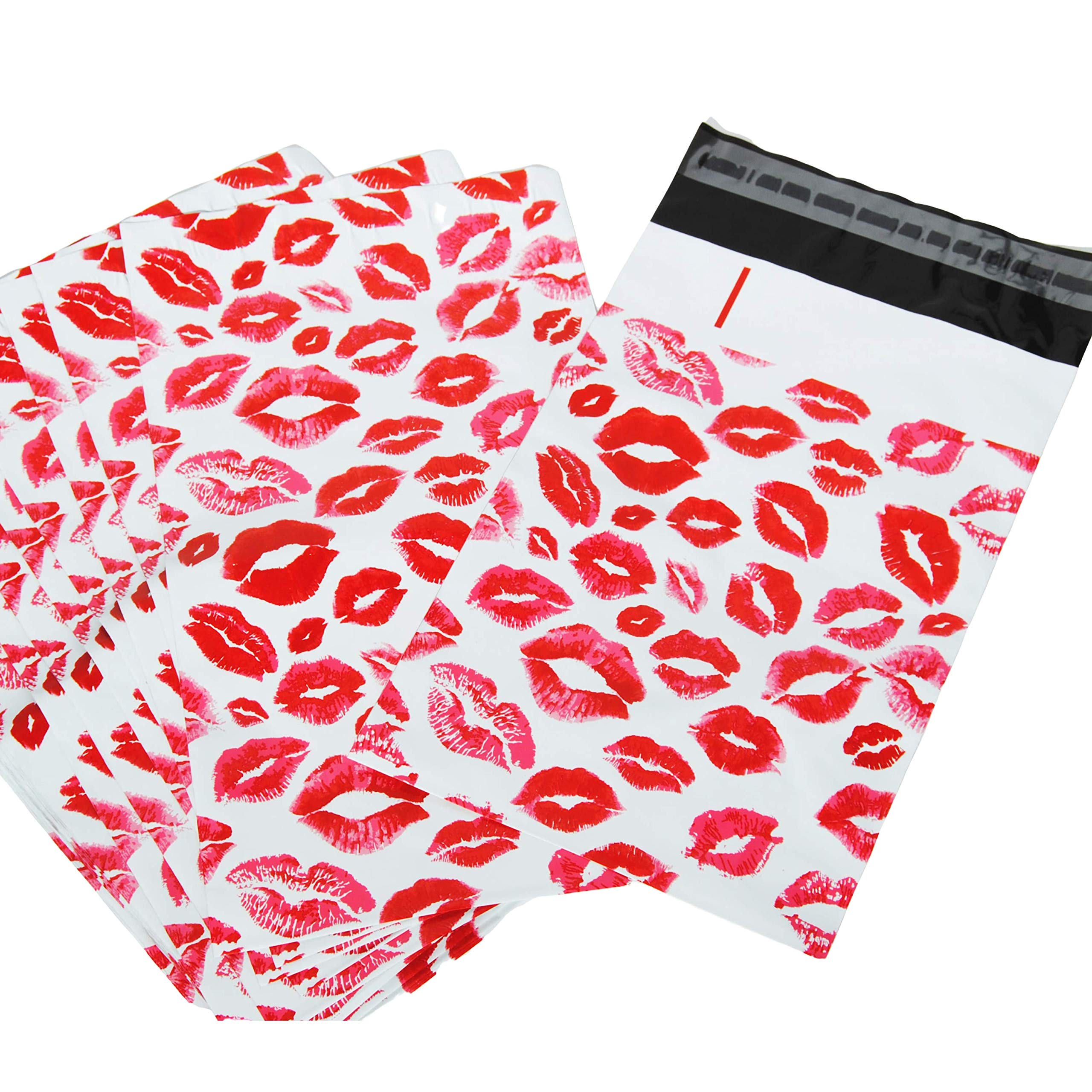 Lips Poly Mailers Red Kiss for Make Up Lip Gloss LipStick Self Sealing Envelope Wide Lip Print Waterproof Shipping | Pack of 25 | Size 10 x 6.75 inches
