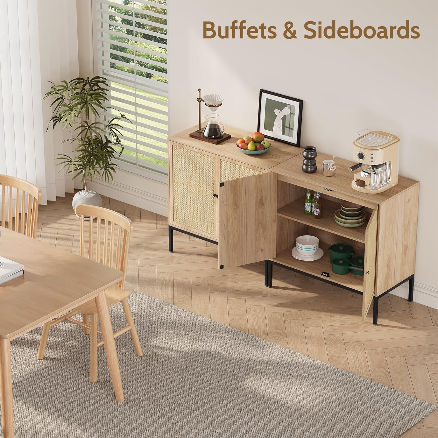 Yechen Set of 2 63" Sideboard Cabinet with Natural Rattan Doors, Buffet Console & Accent Cabinet, Rattan Credenza Storage with Metal Legs for Living Room, Kitchen, Dining Room