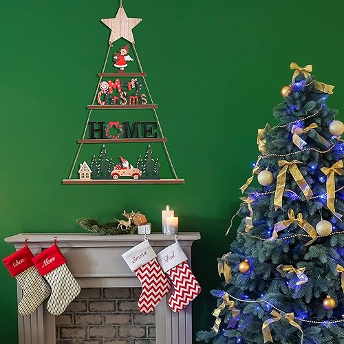 Miniatura 2 de Decoración de pared de Navidad, decoración de Navidad colgante de madera de IDATOO con 4 niveles, adorno de árbol de Navidad escalonado con letrero