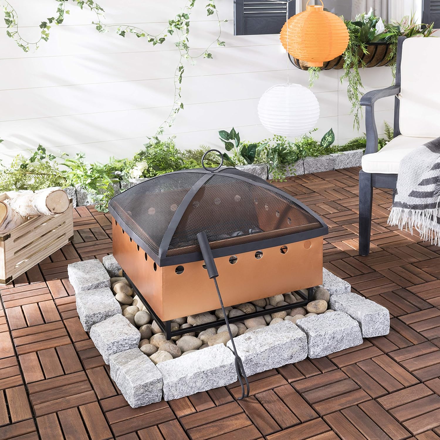 SAFAVIEH PIT2004A Outdoor Collection Wyatt Copper and Black Square Fire Pit