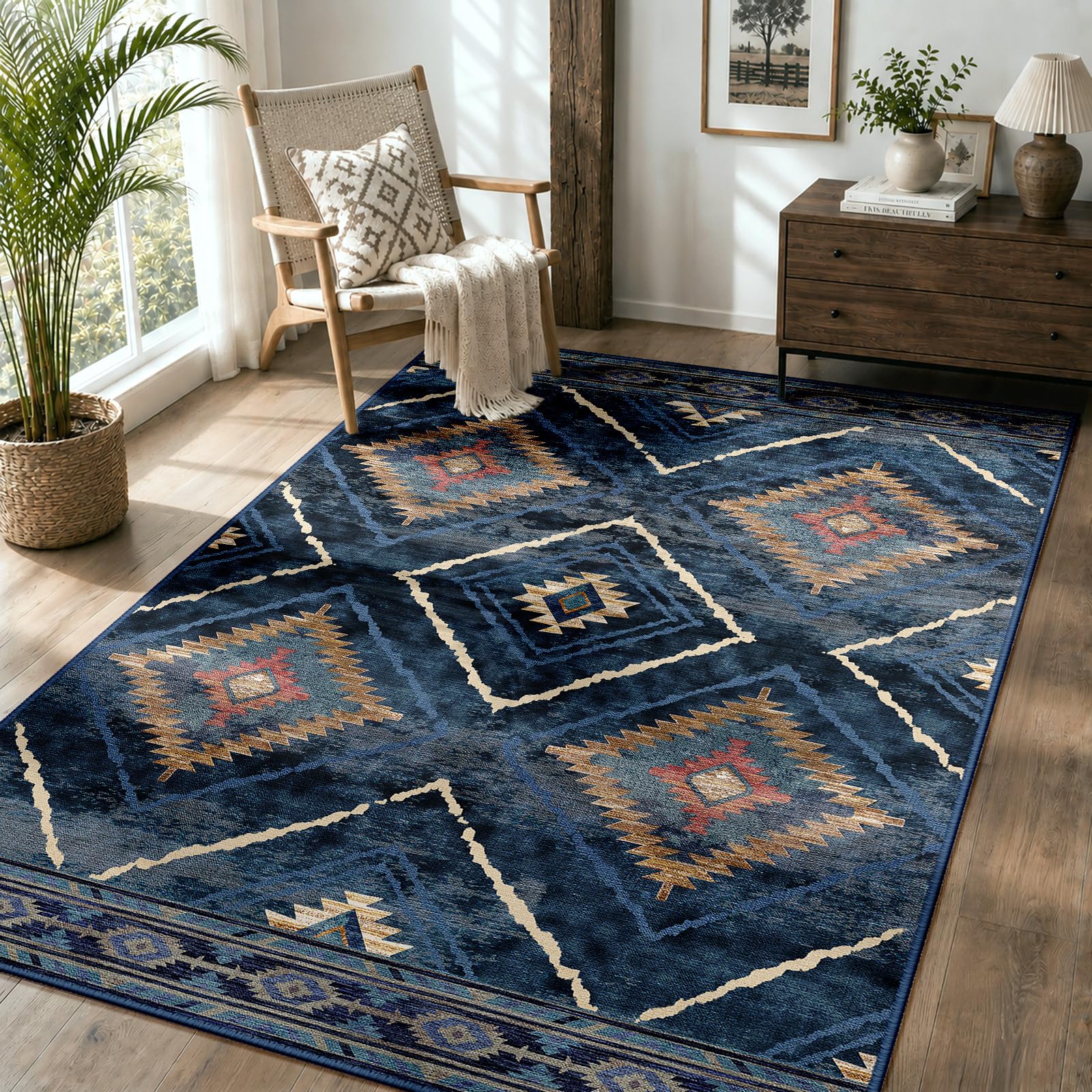 DEFYNEE Teppich Wohnzimmer, Waschbarer Teppich Läufer, Kurzflor, rutschfest, Pflegeleicht, Vintage & Boho Rug für Hund, Flur, Küche, Korridor