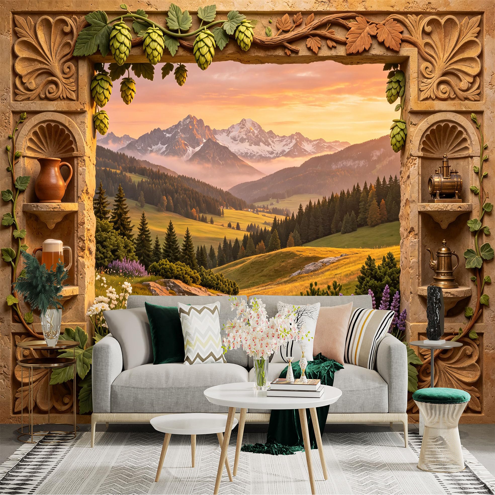 Custom Size Wall Sticker Mural， Rustic Mountain Valley with Hops Vine and Sunset Landscape， for wall Decoration， peelandstick wall Decals.