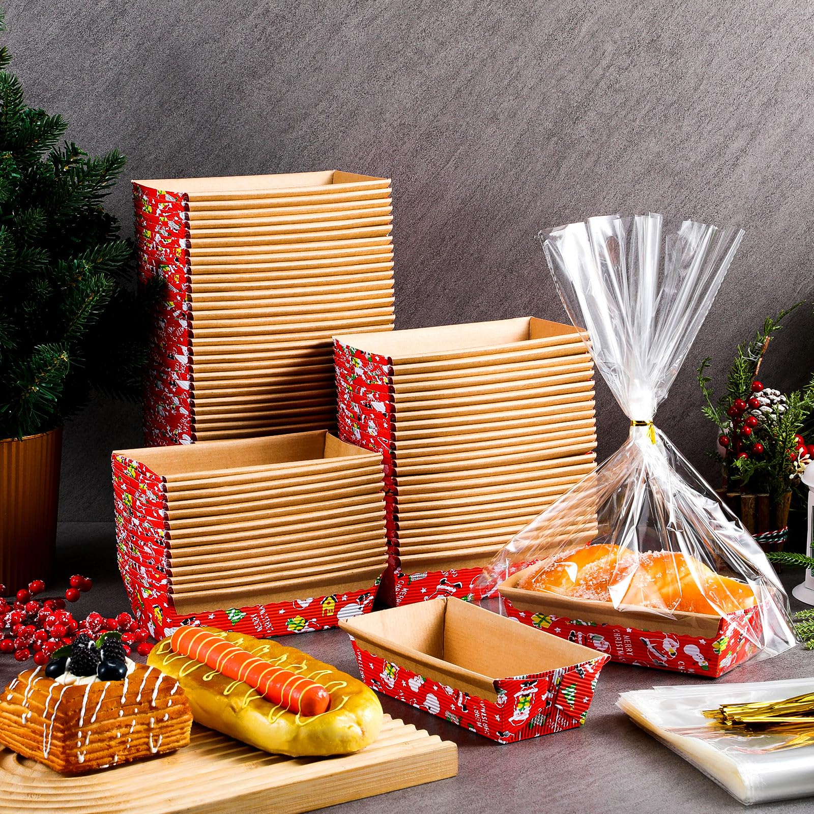 SiliFine 100 Sets Christmas Loaf Pans Disposable Paper Baking Pans Rectangle Bread with 100 Pcs Clear Bread Bags with Ties Loaf Molds for Cake Oven Baker(5.9 x 2.6 x 2 Inches) 3