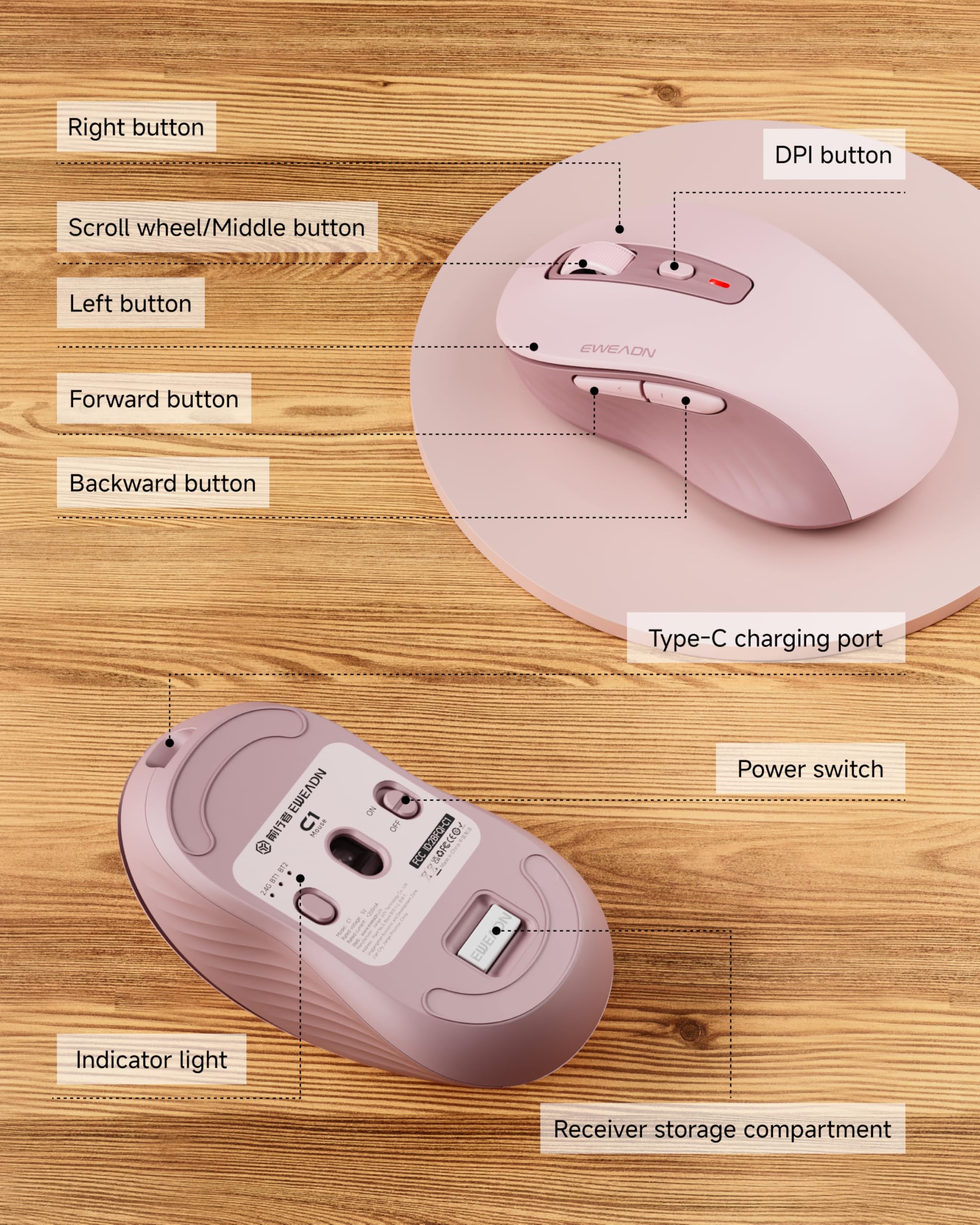 EWEADN C1 Kabellose Maus für Laptop, 2,4 GHz und Bluetooth Silent Maus für Kleine & Mittelhand, 4000DPI Tragbare Ergonomische Wiederaufladbare Maus für PC, iPad, Mac, Chromebook, Büro, Rosa