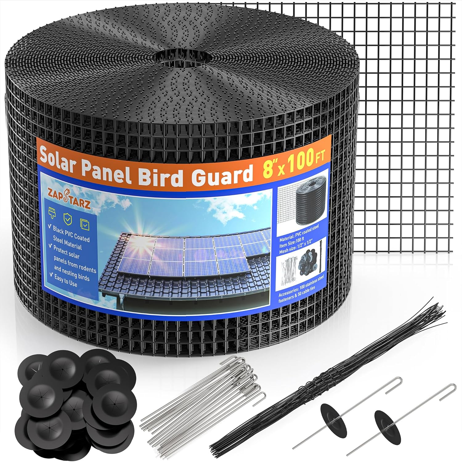 8 inch x 100ft Solar Panel Bird Guard, Wire Mesh Critter Guard for Solar Panels with 100pcs Fasteners, PVC Coated Pigeon Barrier Netting Solar Panel Mesh Screen for Bird Proof Squirrel Fence 8IN x 100FT