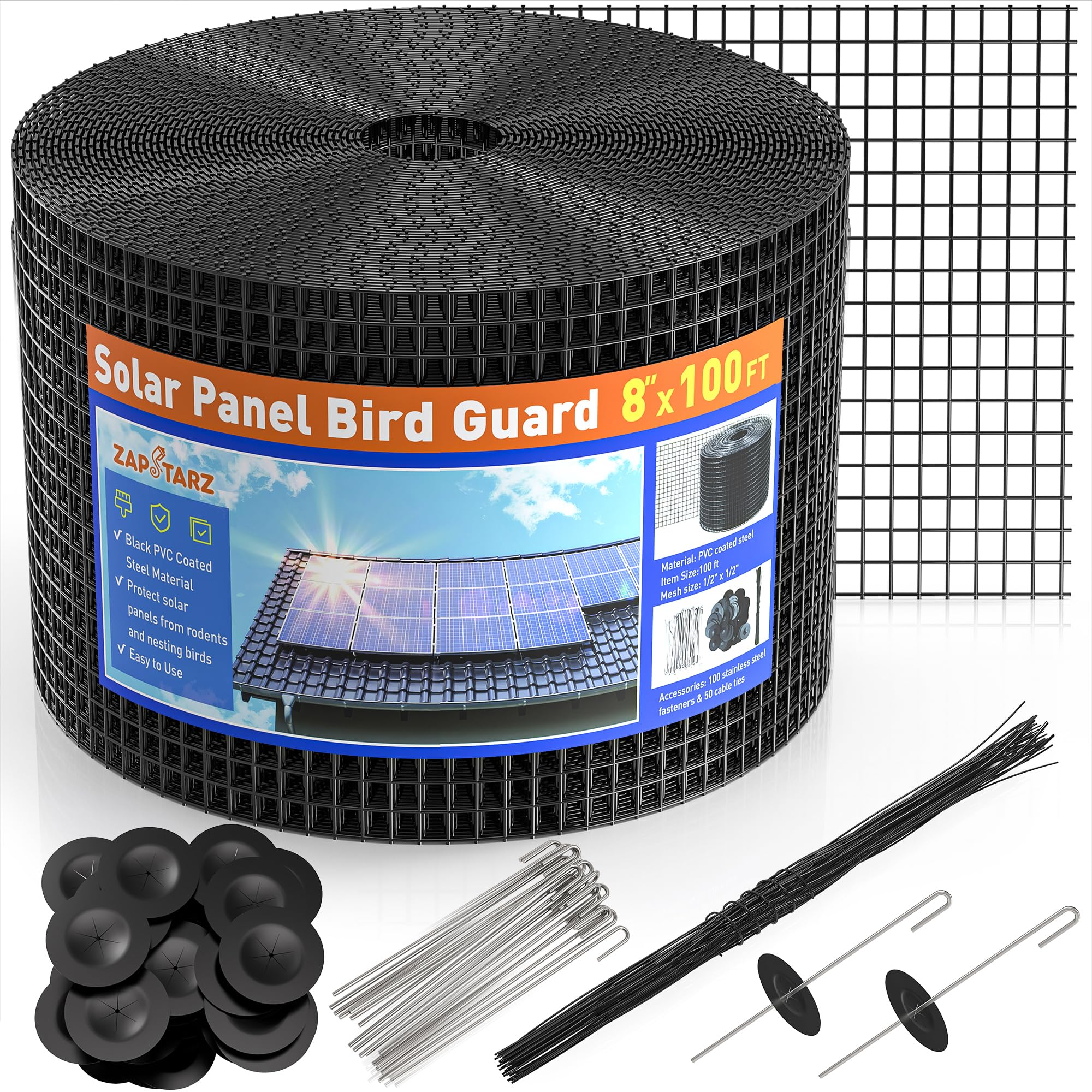8 inch x 100ft Solar Panel Bird Guard, Wire Mesh Critter Guard for Solar Panels with 100pcs Fasteners, PVC Coated Pigeon Barrier Netting Solar Panel Mesh Screen for Bird Proof Squirrel Fence