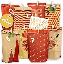 AMARI ® Calendrier de l'Avent à remplir n° 18 Red Mix – 24 sachets en papier (avec pinces en bois) pour bricolage de Noël – Sacs en papier de Noël