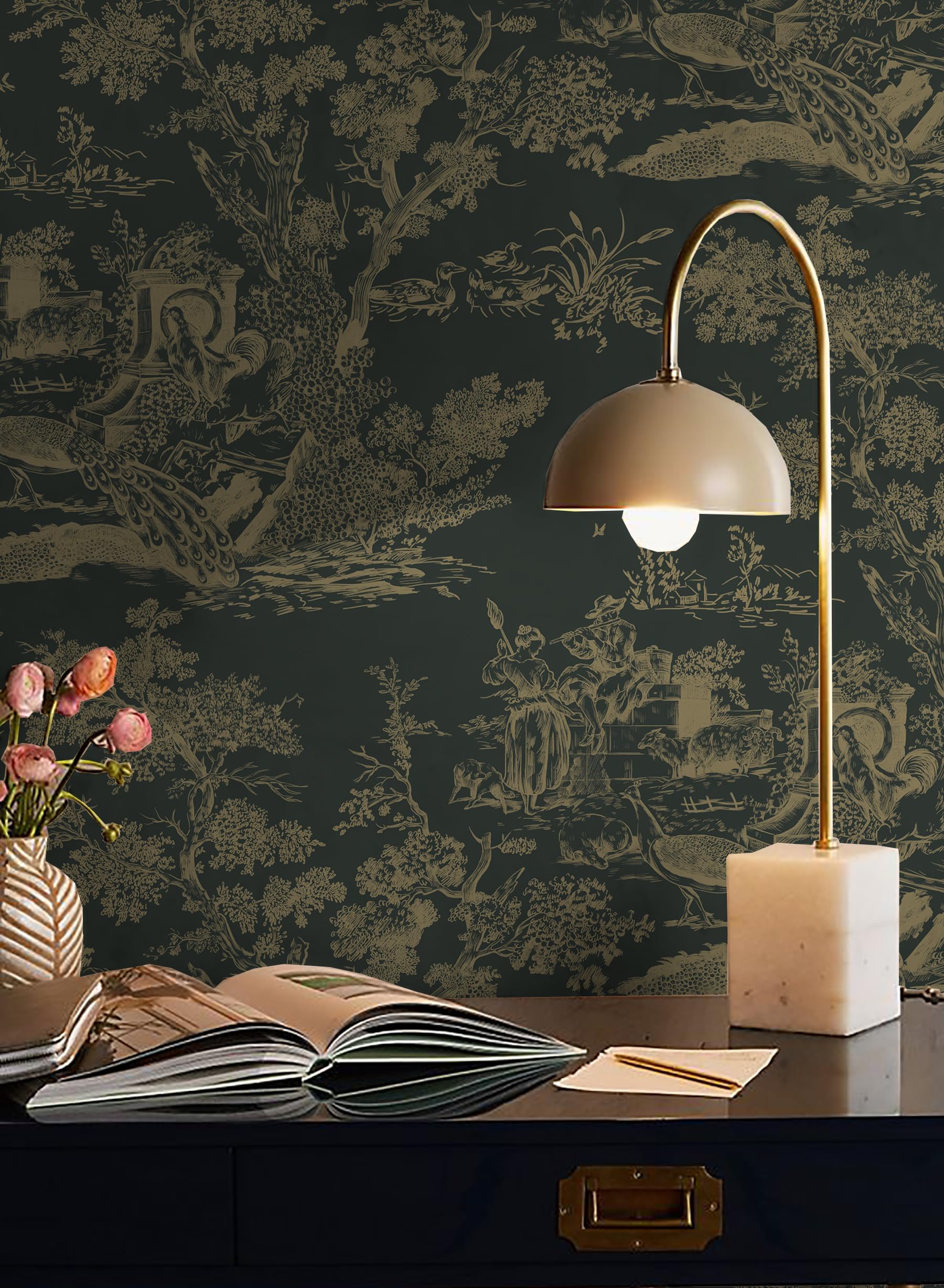 CiCiwind 393.7"×16" Vintage Wallpaper Peel and Stick Wallpaper Toile Contact Paper Black Wallpaper Removable Self Adhesive Wallpaper Black and Brown Stick on Wallpaper for Bedroom Bathroom Walls DecorGlobal Recycled StandardGlobal Recycled StandardGlobal Recycled Standard