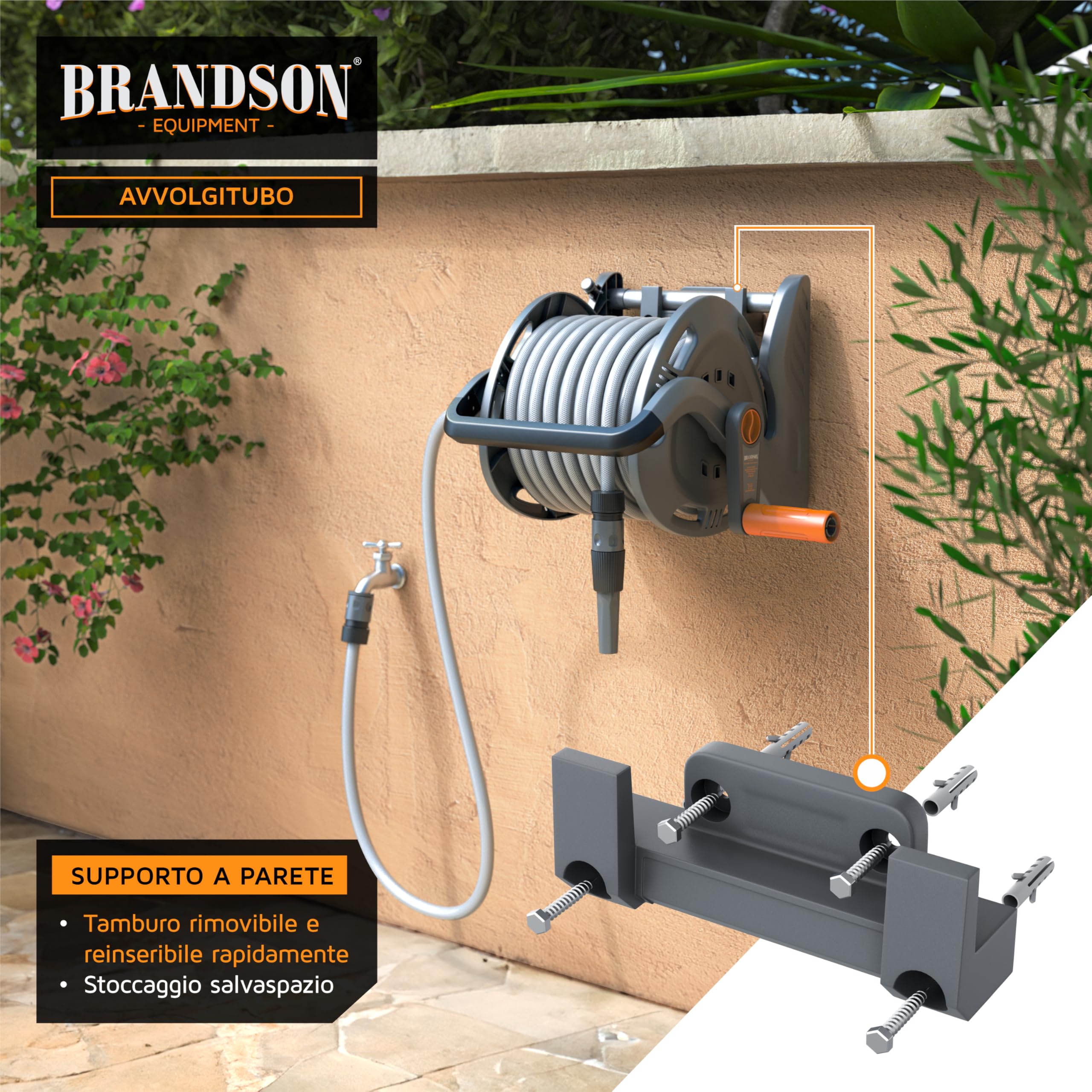 Brandson - Avvolgitubo da giardino automatico da 20 metri, Avvolgitubo mobile da giardino con 20 m di Tubo, 2 m di Tubo di alimentazione, Supporto a parete, Manovella, Spruzzatore di pulizia