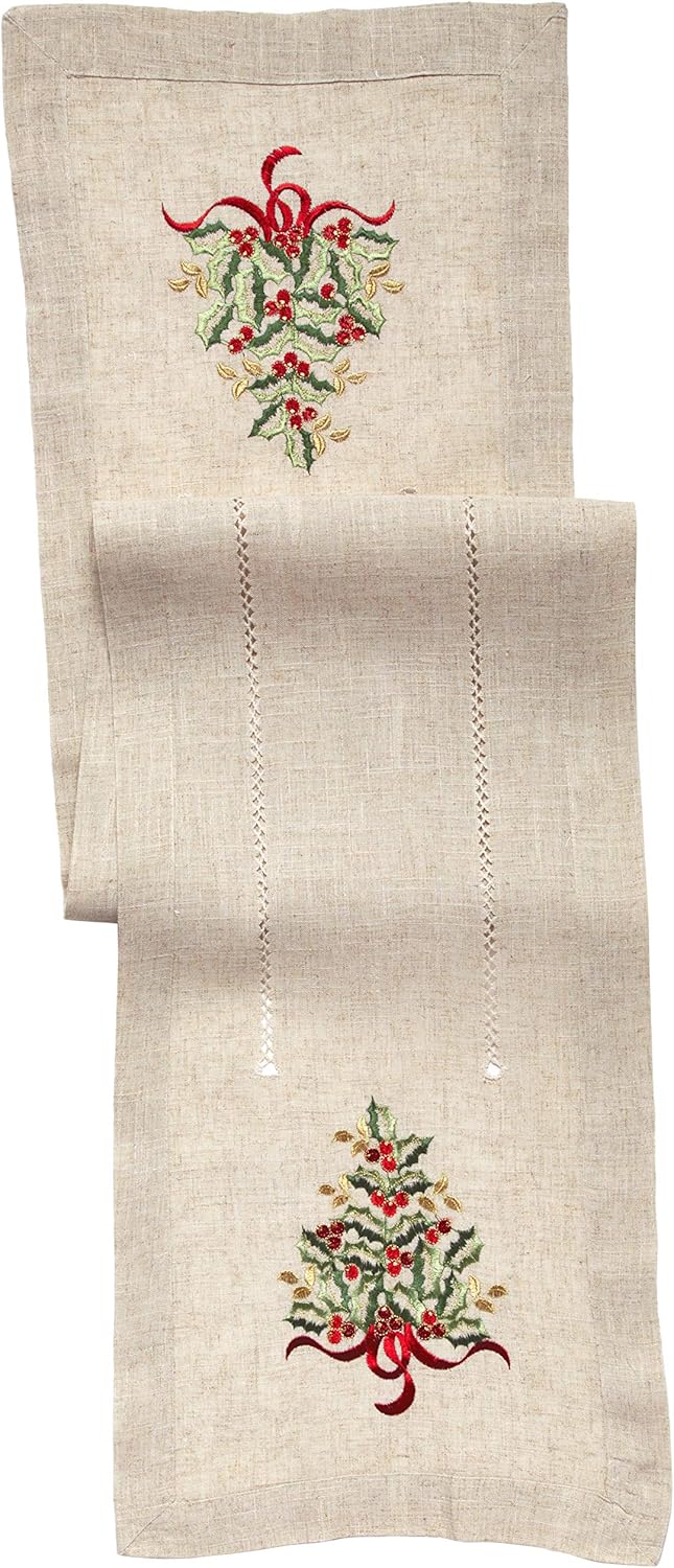 SARO LIFESTYLE Christmas Tree Embroidered Table Runner with Holly Berries & Ribbon, Natural Linen Blend Holiday Table Decor, 16"x108"