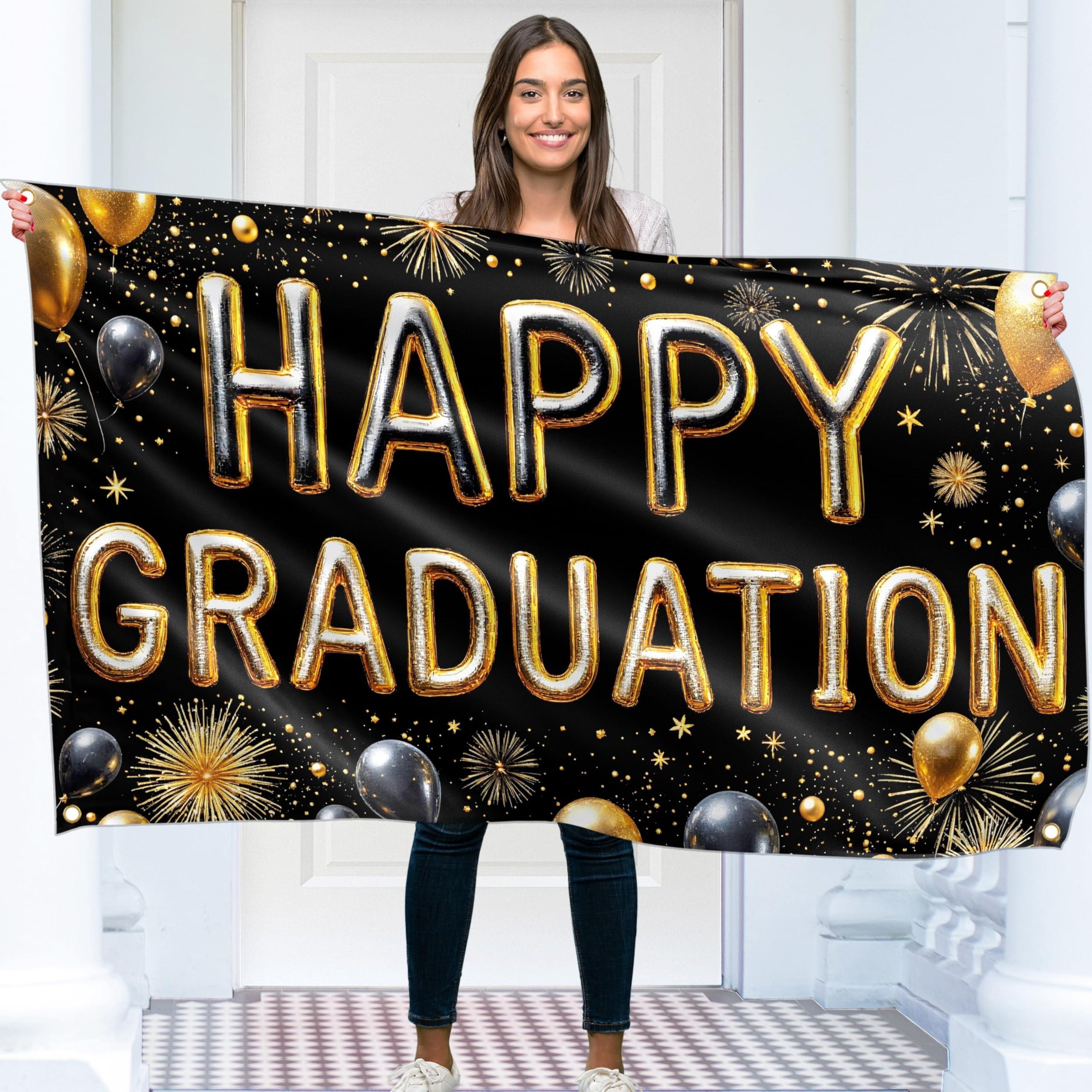 Congratulations Banner - Graduation Decorations 5x3ft - Well Done Banner - We Are So Proud of You - You Did It (Black and Gold)