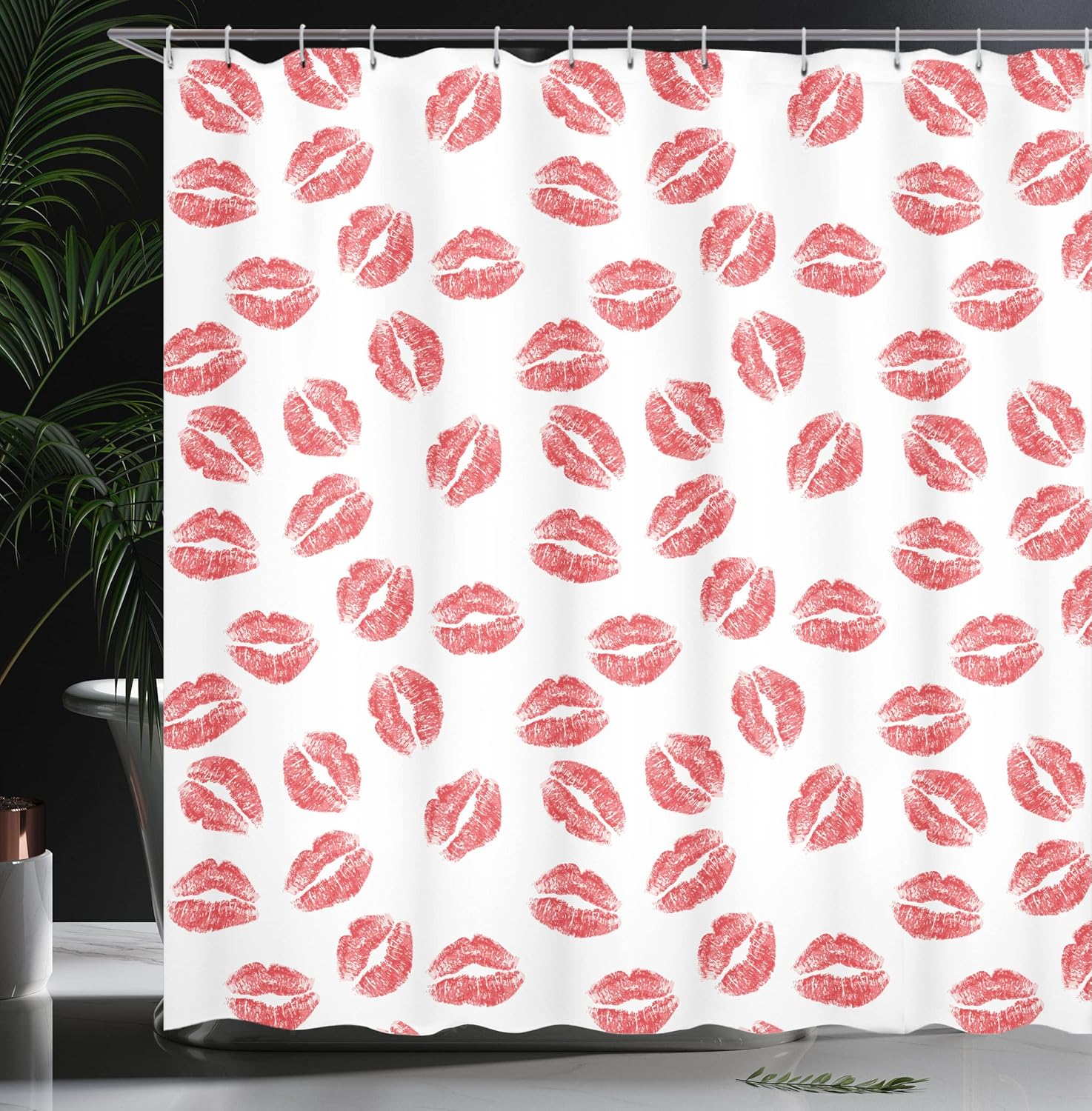 Ambesonne Feminine Shower Curtain, Pattern of Lipstick Kiss Marks Woman Valentines Wedding Theme Illustration, Cloth Fabric Bathroom Decor Set with Hooks, 69" W x 70" L, White Red