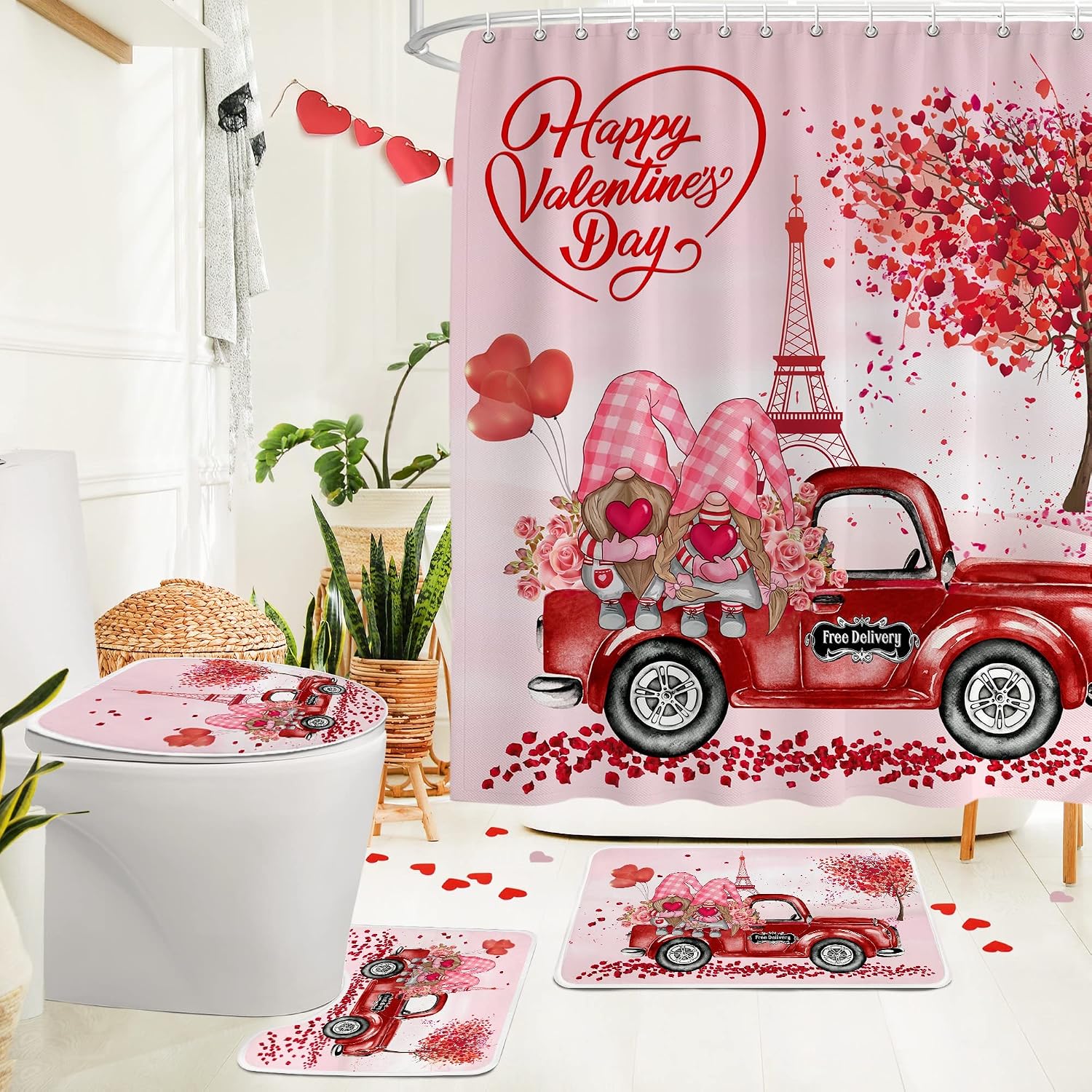 Valentines Shower Curtain Sets with Rug and Mat, Pink Gnome Truck Farmhouse Valentines Day Bathroom Decor 4 Pieces with Waterproof Bathroom Curtains 72x72 Non-Slip Rug, Toilet Lid Cover, Bathroom Mat