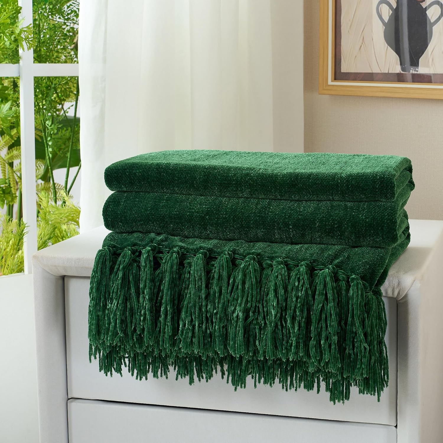 Chenille Throw Blanket for Couch with Tassels,50"X60" Soft Cozy Lightweight Knitted Boho Decorative Blankets for Bed and Sofa,Dark Green - Image 7