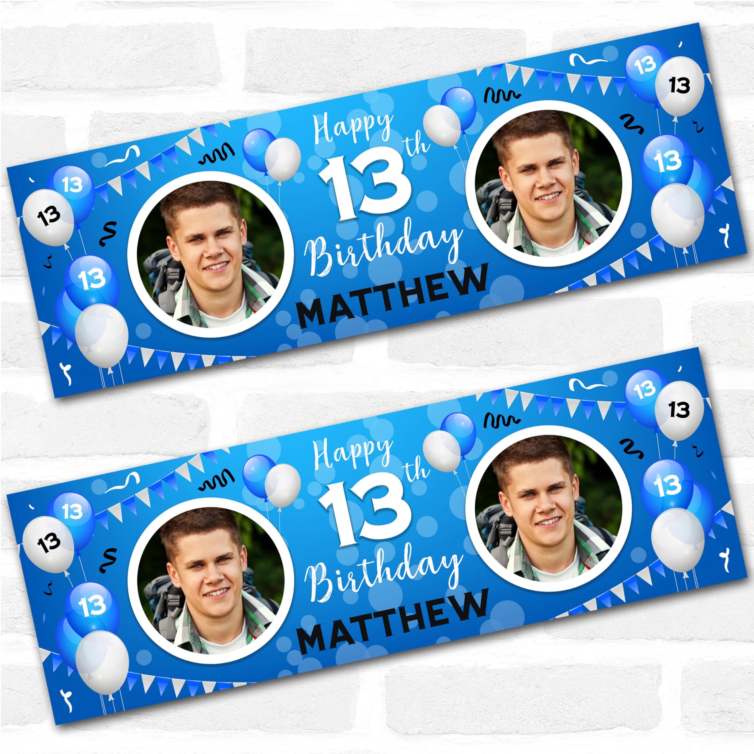 Personalised Party Banner For 13th Birthday With Photo Male Blue Balloons | Custom Large Party Decoration, Event Banner, Backdrop, Décor, Signage. 3 ft x 1 ft | 4.5 ft x 1.5 ft | 6 ft x 2 ft