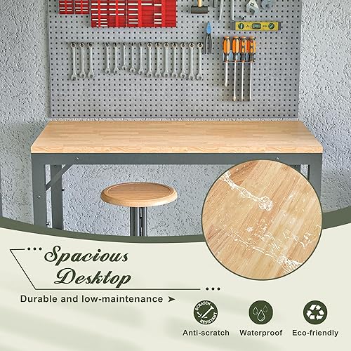 Miniatura 4 de Banco de trabajo de altura ajustable de 48 pulgadas con marco de metal resistente y amplia parte superior de madera para taller, oficina, hogar,