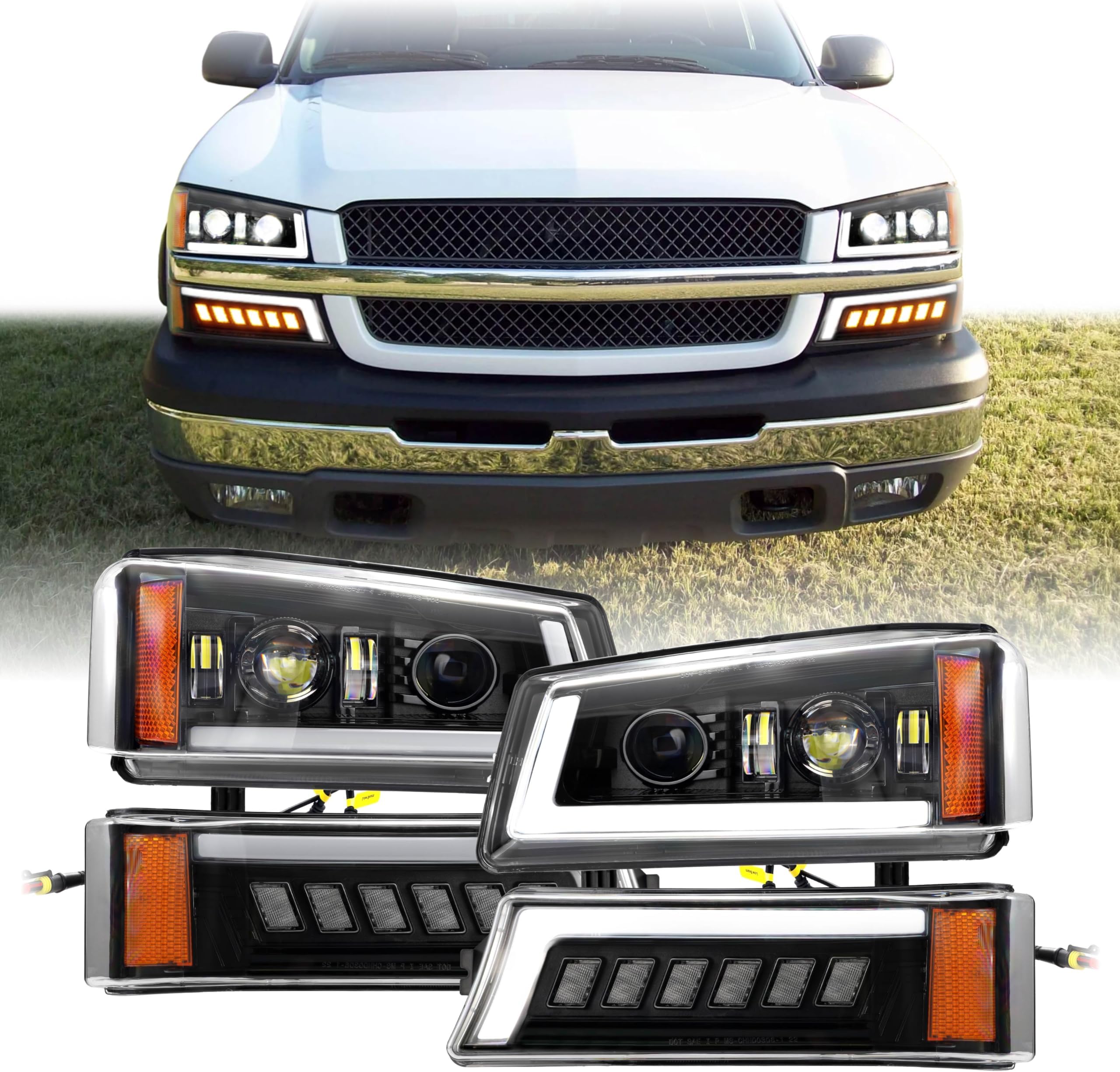 USR 02-06 GMT800 PickUp Front Head Lamps 4pc Set (L+R) Compatible with 2002-2006 Chevy Avalanche "WITHOUT Body Clad" Truck (Black Projector FULL LED Headlight/Turn Signal/DRL/AMBER REFLECTOR)