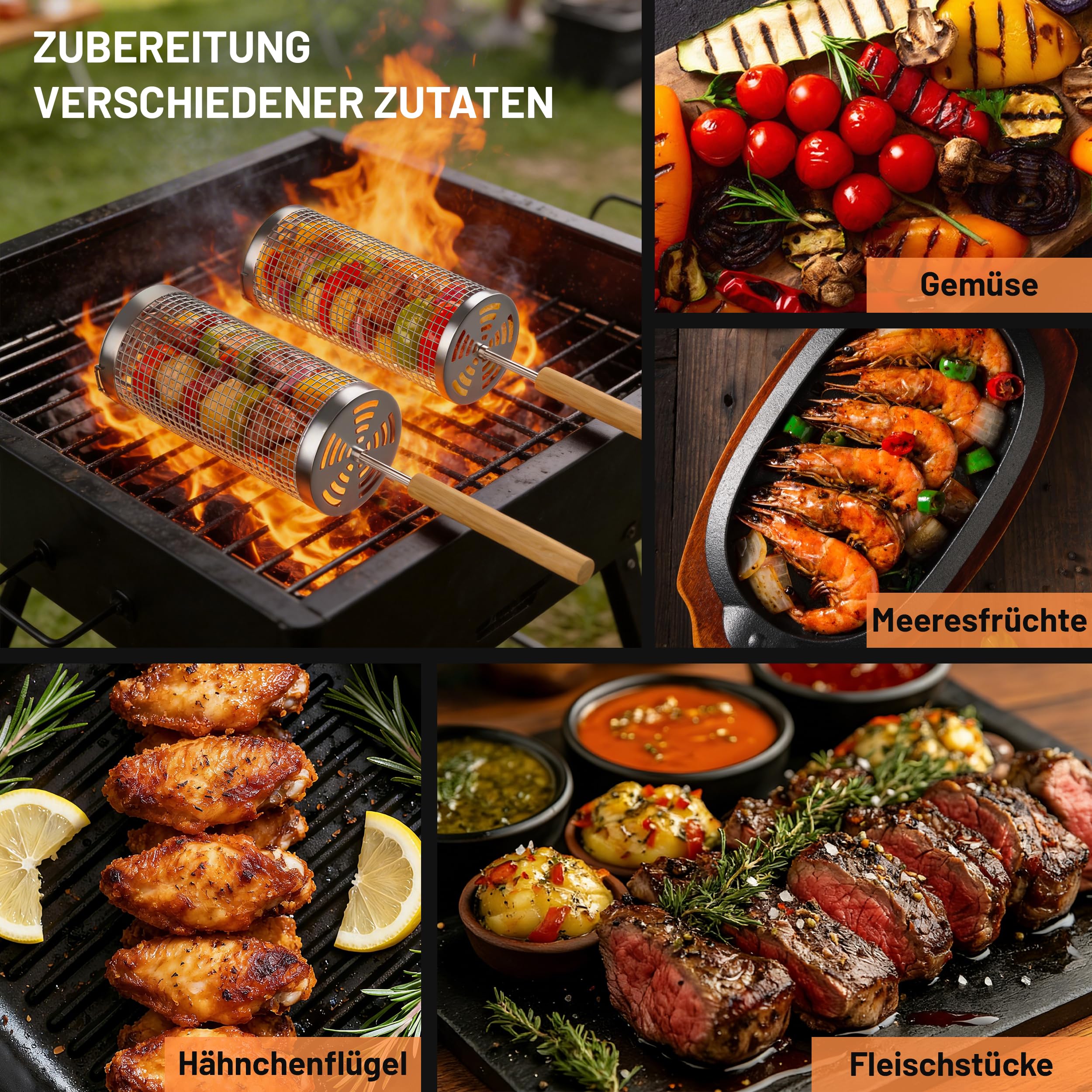 KEYO GRILL Rollender Grillkorb - 2 Stück Grillzubehör mit Abnehmbarem Holzgriff & 2 Korböffnern, Nestbares Grillnetz aus Edelstahl 304 für Gemüse, Geschenke für Männer