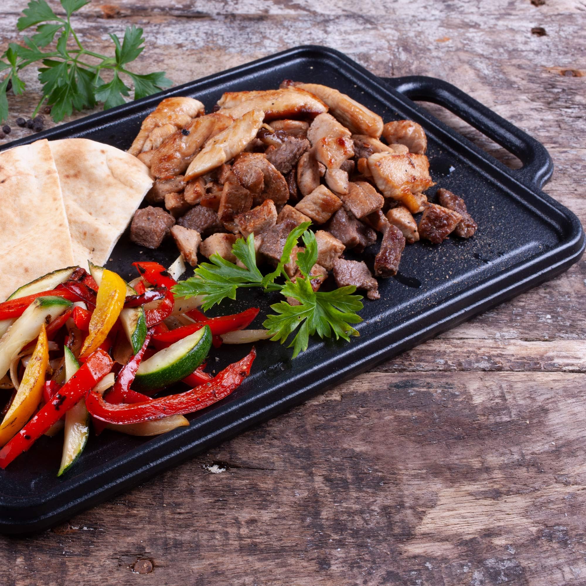 VICTORIA Plancha Cocina Hierro Fundido Esmaltado Parrilla Doble Reversible 33 X 21cm para Fuego, Barbacoa, Horno, Vitrocerámica, Gas, Libre de Tóxicos sin PTFE