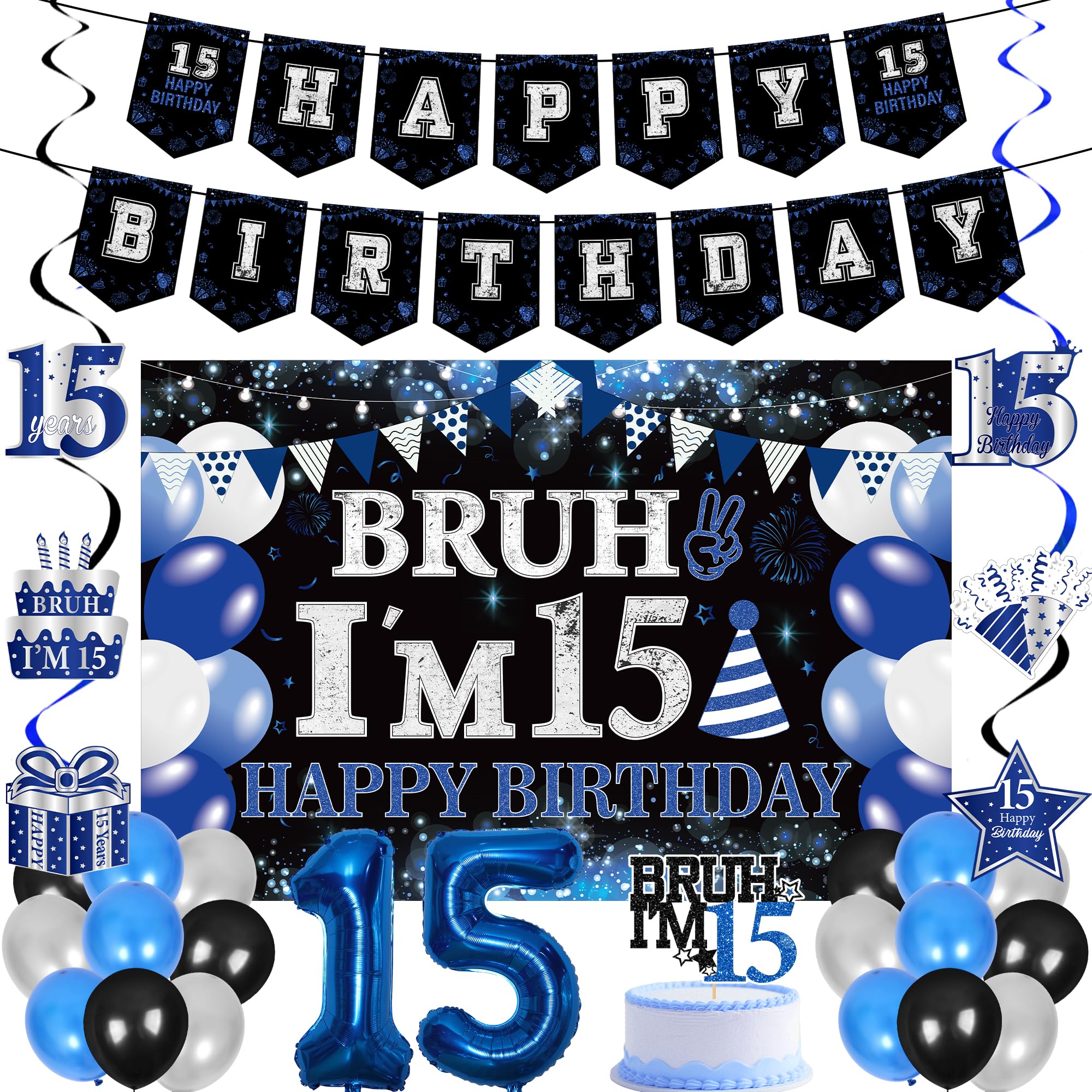 15th Birthday Decorations Banners Boys - 30 Pcs Black and Blue Happy Birthday Banner Set Bruh I'M 15 Background Curtain Number Foil Balloons Cake Topper Hanging Swirls for 15 Years Old Boy Party Decor