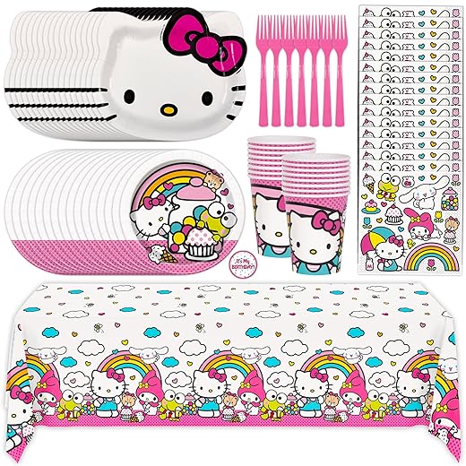 Hello Kitty Birthday Decorations & Party Supplies | Hello Kitty Plates and Napkins, Cups, Tablecloth, Forks, Sticker | Serves 16 Guests | Officially Licensed