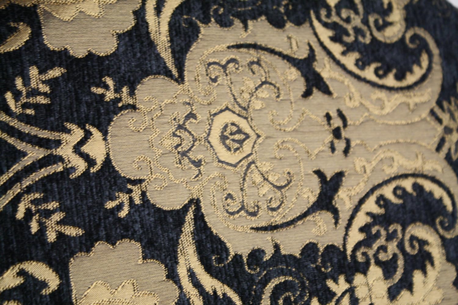 Damask, Chenille,Upholstery,Drapery Fabric, Black/Gold, Sold by The Yard 58" Wide