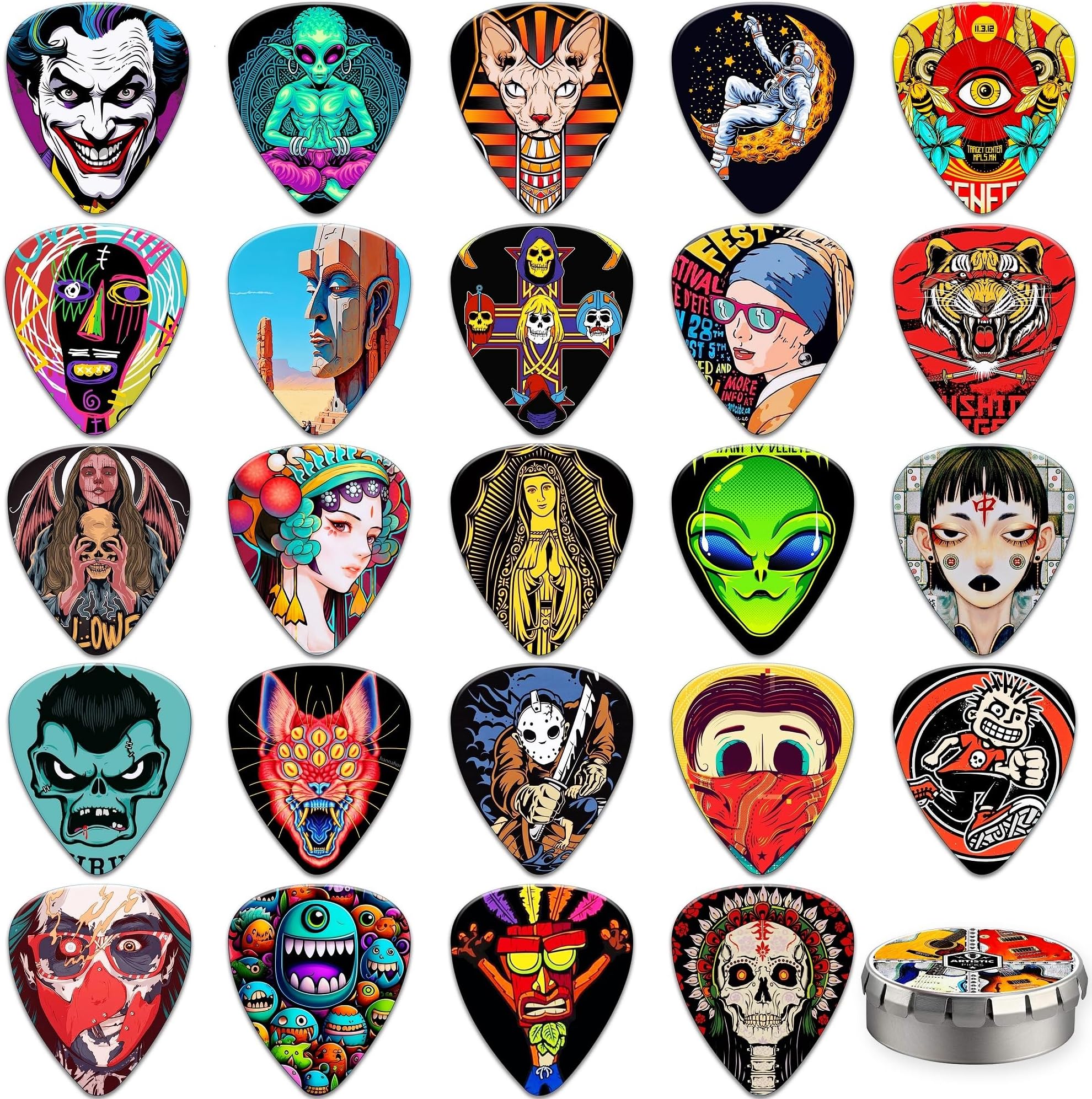 Guitar Picks,24 Pack Guitar Plectrums Thin, Medium, Heavy/Hard Picks with Tin Box,Personalised Plectrums for Acoustic,Bass,Electric Guitar Includes 0.46mm 0.71mm 0.96mm 1.2mm(Mix-5)