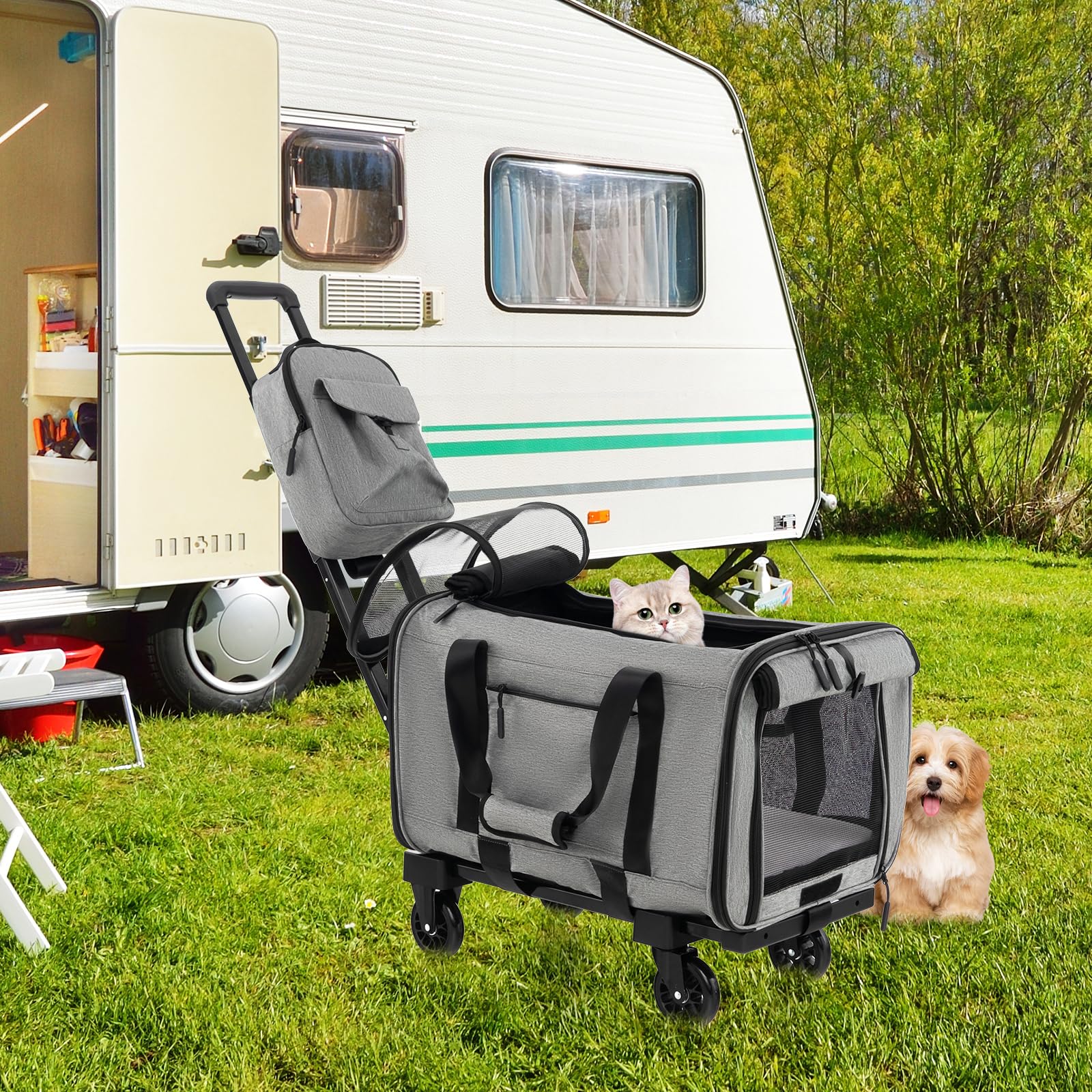 GOPLUS Carrito para Perros Plegable con Ruedas, Cochecito para Mascotas con base de doble cara, asa telescópica, Caja de Transporte y Bandolera, Trolley para Mascotas Pequeñas y Medianas, Hasta 100 KG
