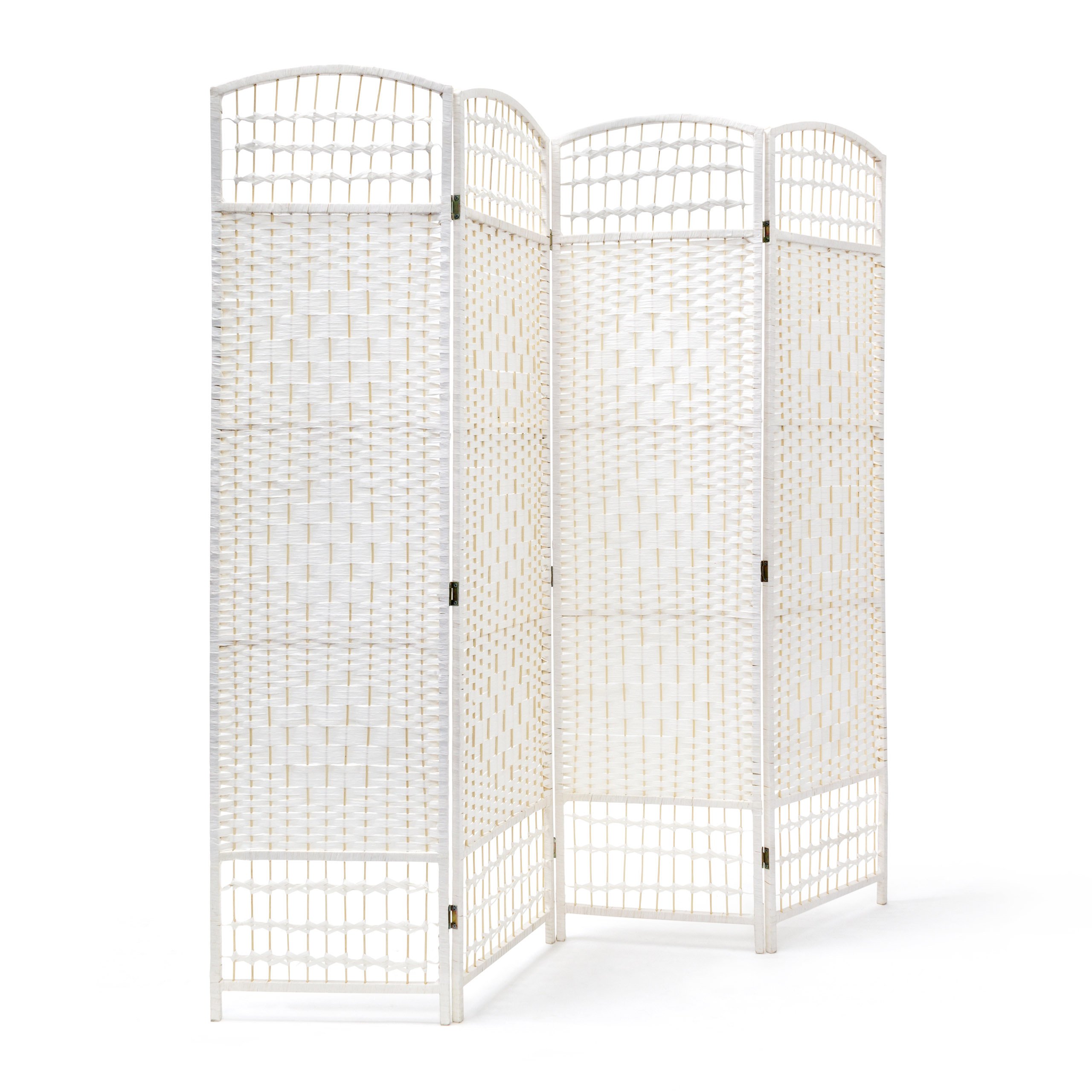 Relaxdays – Biombo/Panel/Divisor/Separador de Habitaciones, 179 x 180 x 2 cm, 4 Paneles, Madera con puntales de bambú, Color Blanco